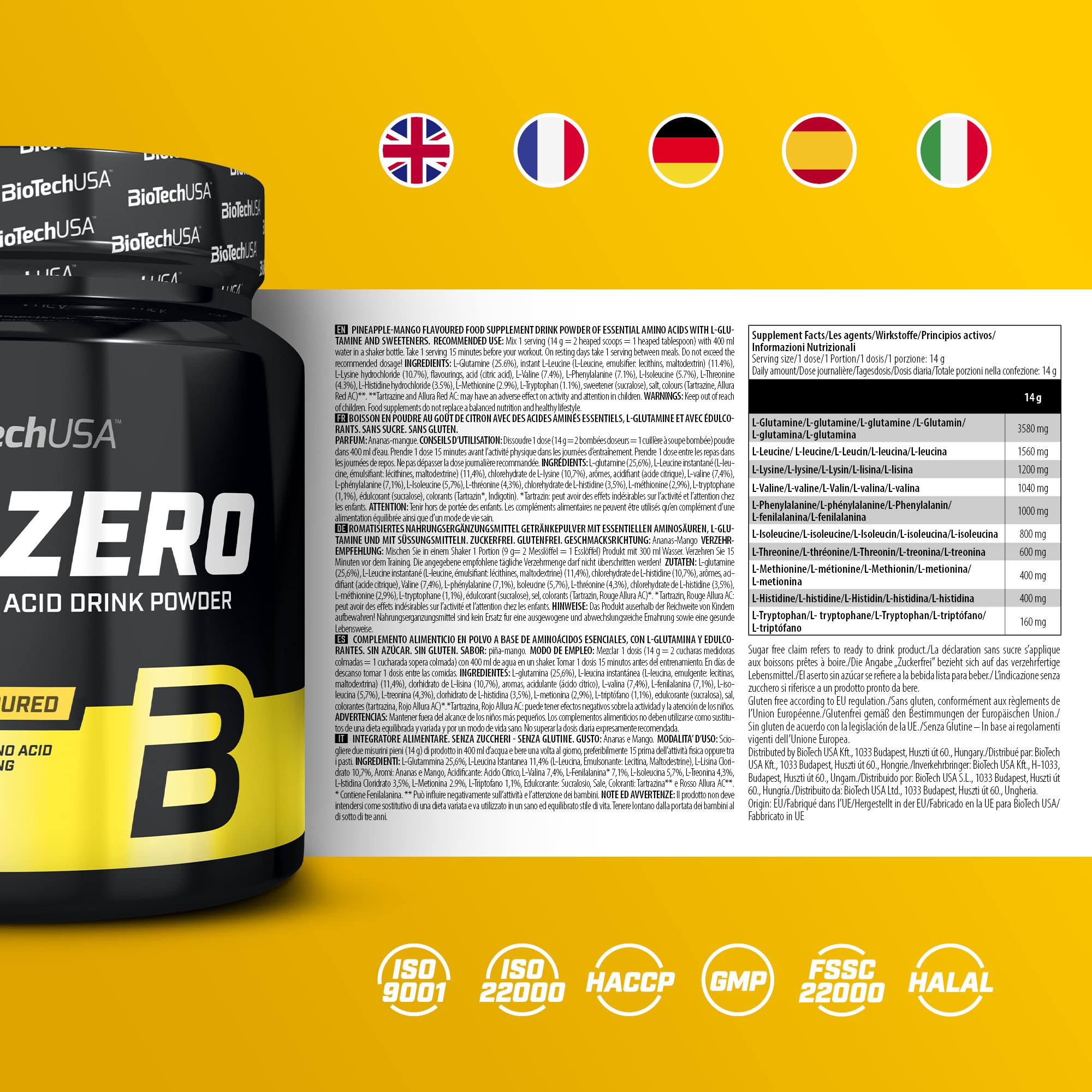 BioTechUSA EAA Zero Amino Acid Supplement - Pineapple Mango Flavor, 350g for Muscle Recovery & Workout Performance | Pre & Post Workout Drink Mix for Athletes & Fitness Enthusiasts