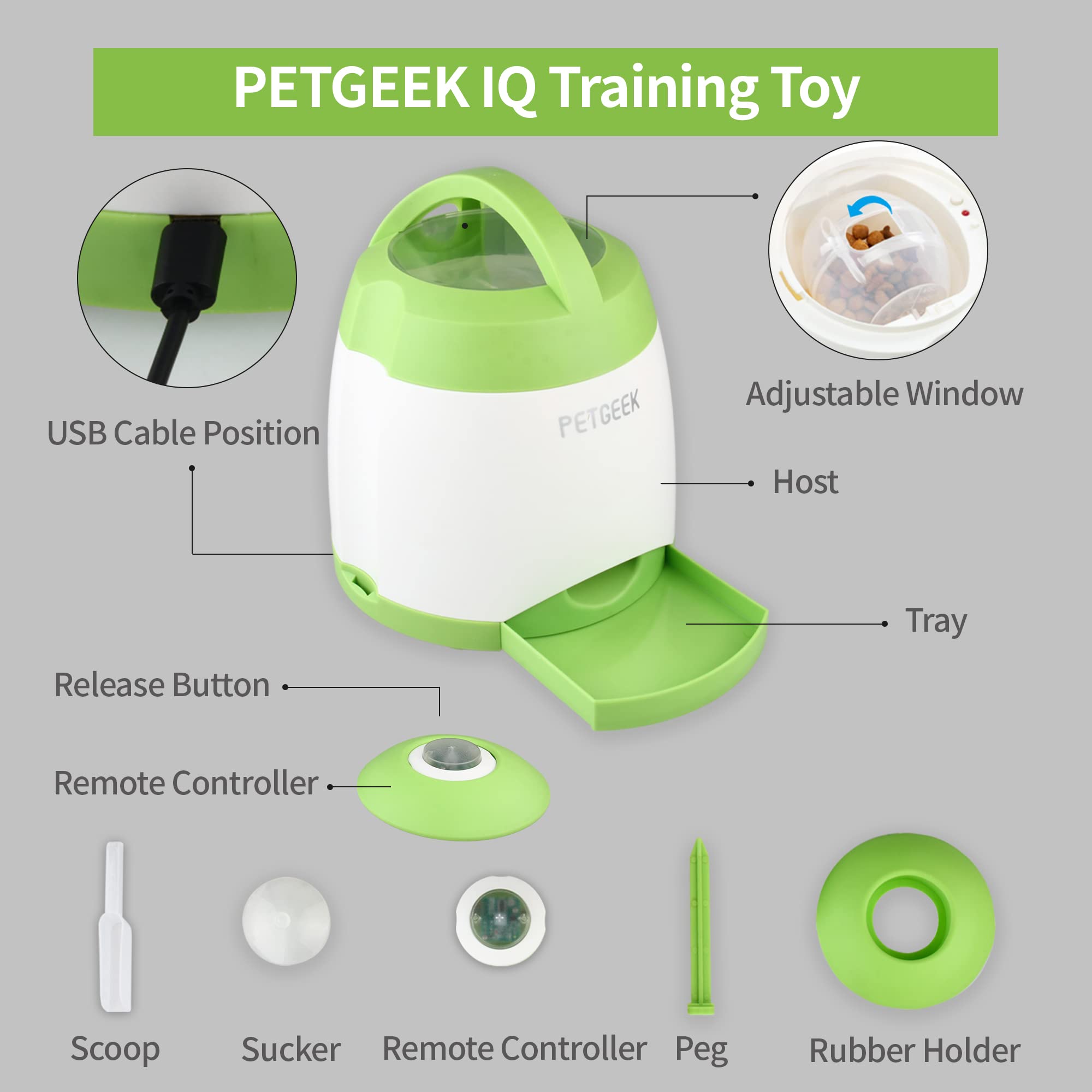 PETGEEK Automatic Dog Treat Dispenser - Interactive IQ Training Toy with Remote Control, Electronic Puzzle Feeder for Dogs, Dual Power Supply (Green) - Perfect for Boredom Relief & Mental Stimulation at Home or Travel