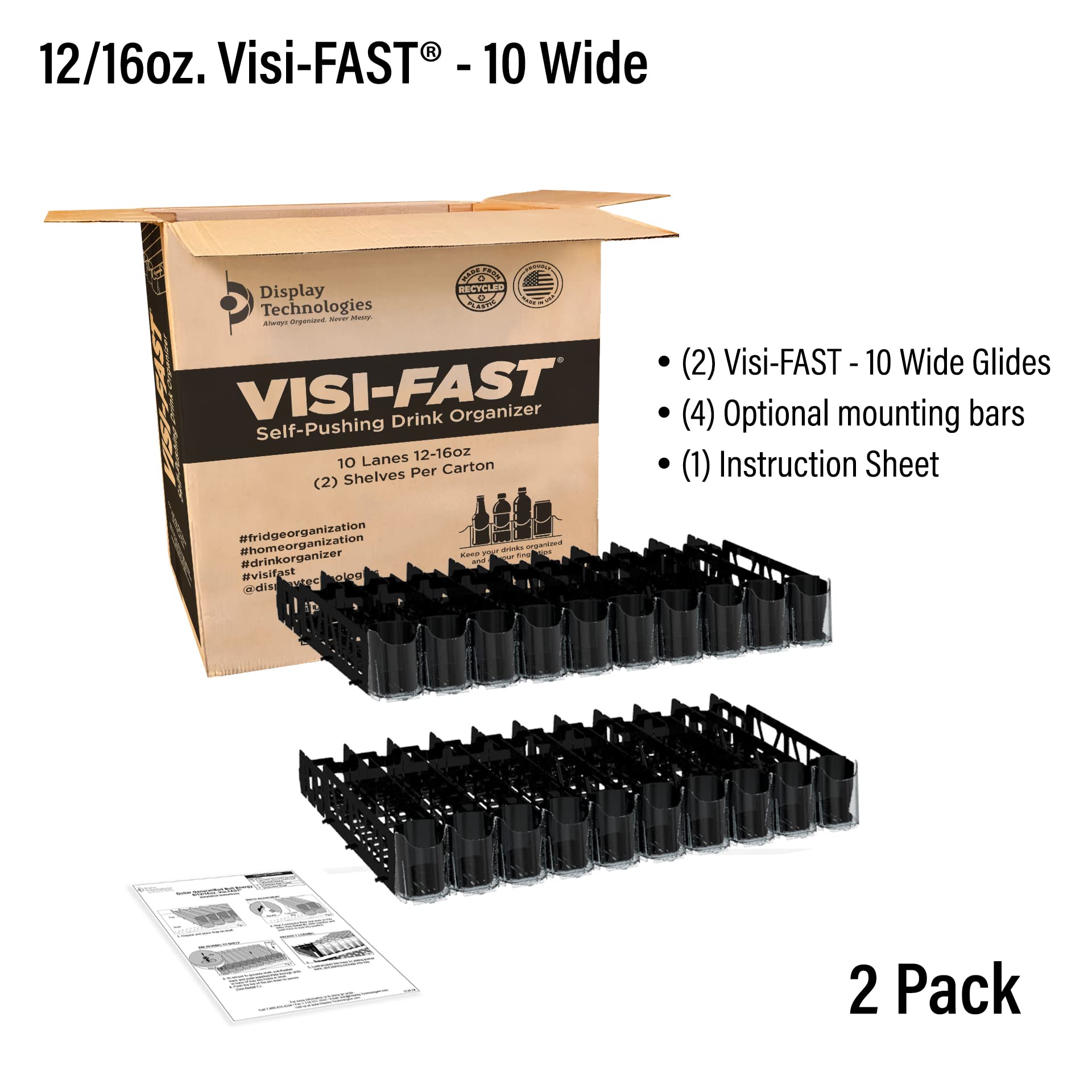 Visi-FAST Spring Push Drink Dispenser - 12/16 oz Beverage Organizer for Cans & Bottles - Fridge Storage for Home & Commercial Use (2-Pack) - Perfect for Parties, Offices & Kitchen Organization