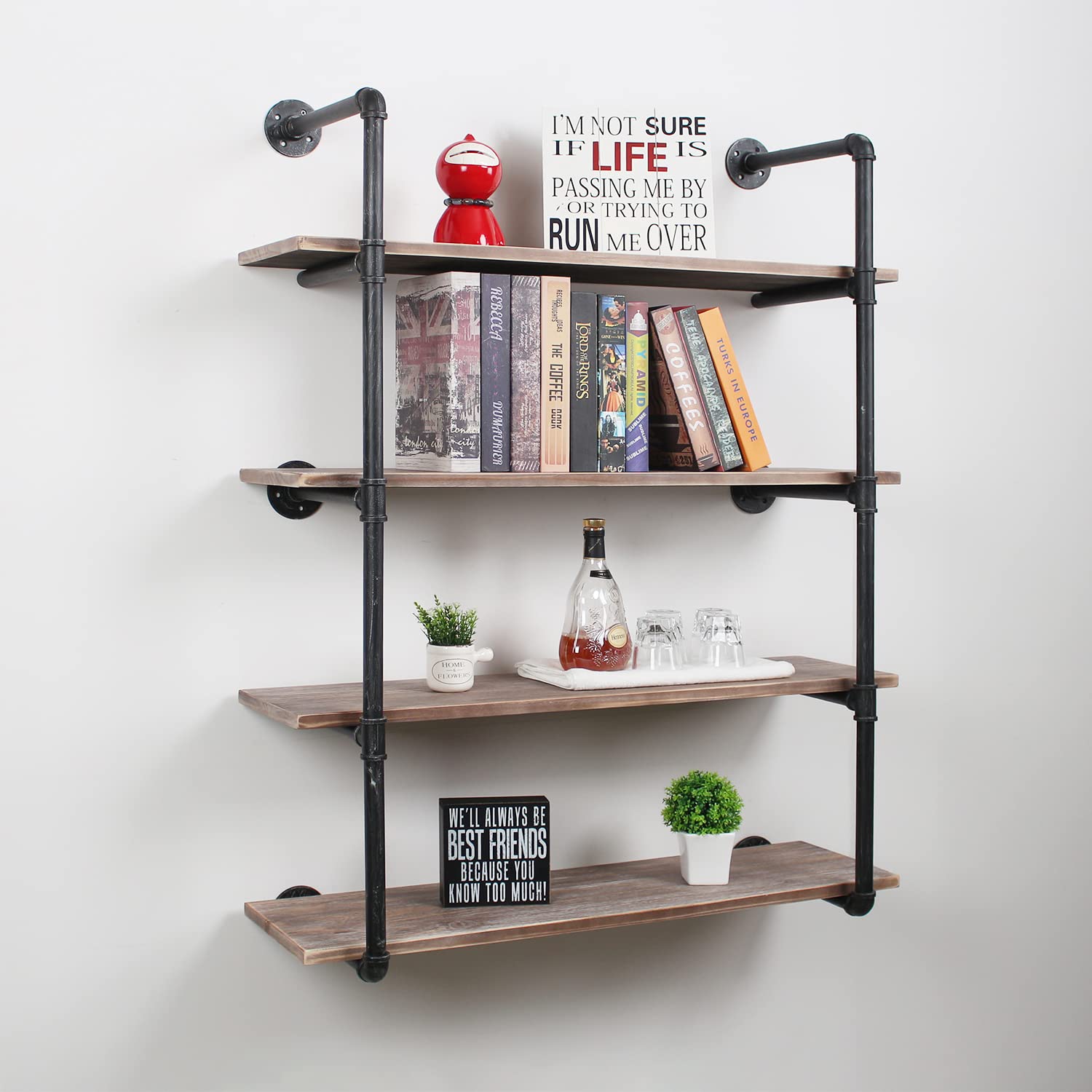48in Industrial Pipe Shelving Wall Mounted - Rustic Metal Floating Shelves for Farmhouse Kitchen, Bar, Living Room & Office (4 Tier Storage Shelf) - Perfect for Displaying Decor, Books & Organizing Spaces