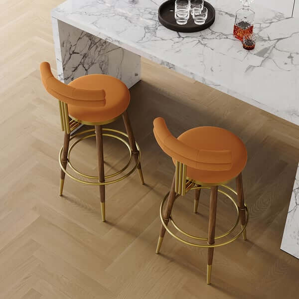 Mid Century Modern Orange Bar Stools with Backrest - Set of 2 Velvet Upholstered Counter Height Stools for Kitchen Island, Breakfast Bar & Home Decor