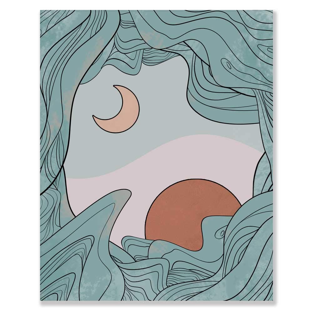 Abstract Sun and Moon Landscape Wall Art Print - Beach Sea Waves Decor - Ocean Waves Painting - Frameless 8x10 Inch - Perfect for Living Room, Bedroom & Office Wall Decor