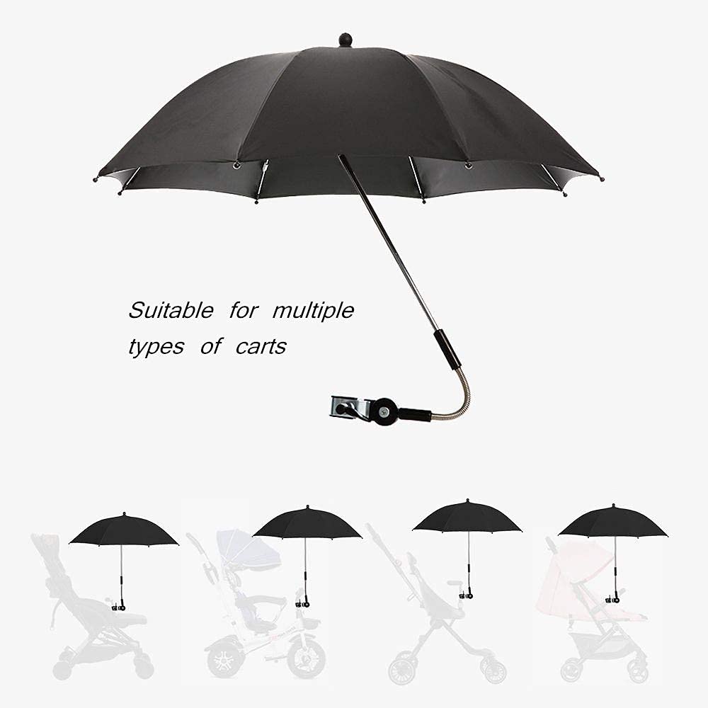 UV Protection Waterproof Baby Stroller Umbrella with Clip - Sun & Rain Canopy for Prams, Beach Chairs & Outdoor Use - Black Stroller Accessories (Perfect for Walks, Travel & Beach Trips)