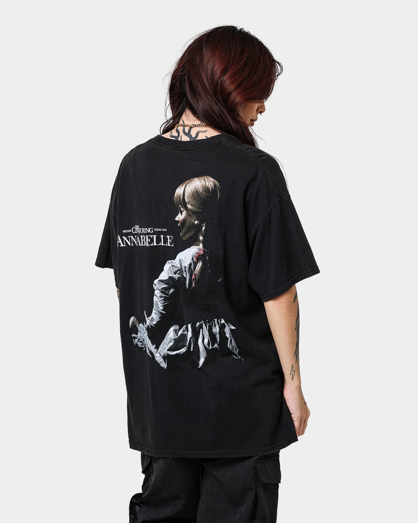 Vintage Annabelle Graphic T-Shirt - Black Washed Cotton Tee for Women | Retro Style Casual Wear for Everyday Outfits & Street Fashion