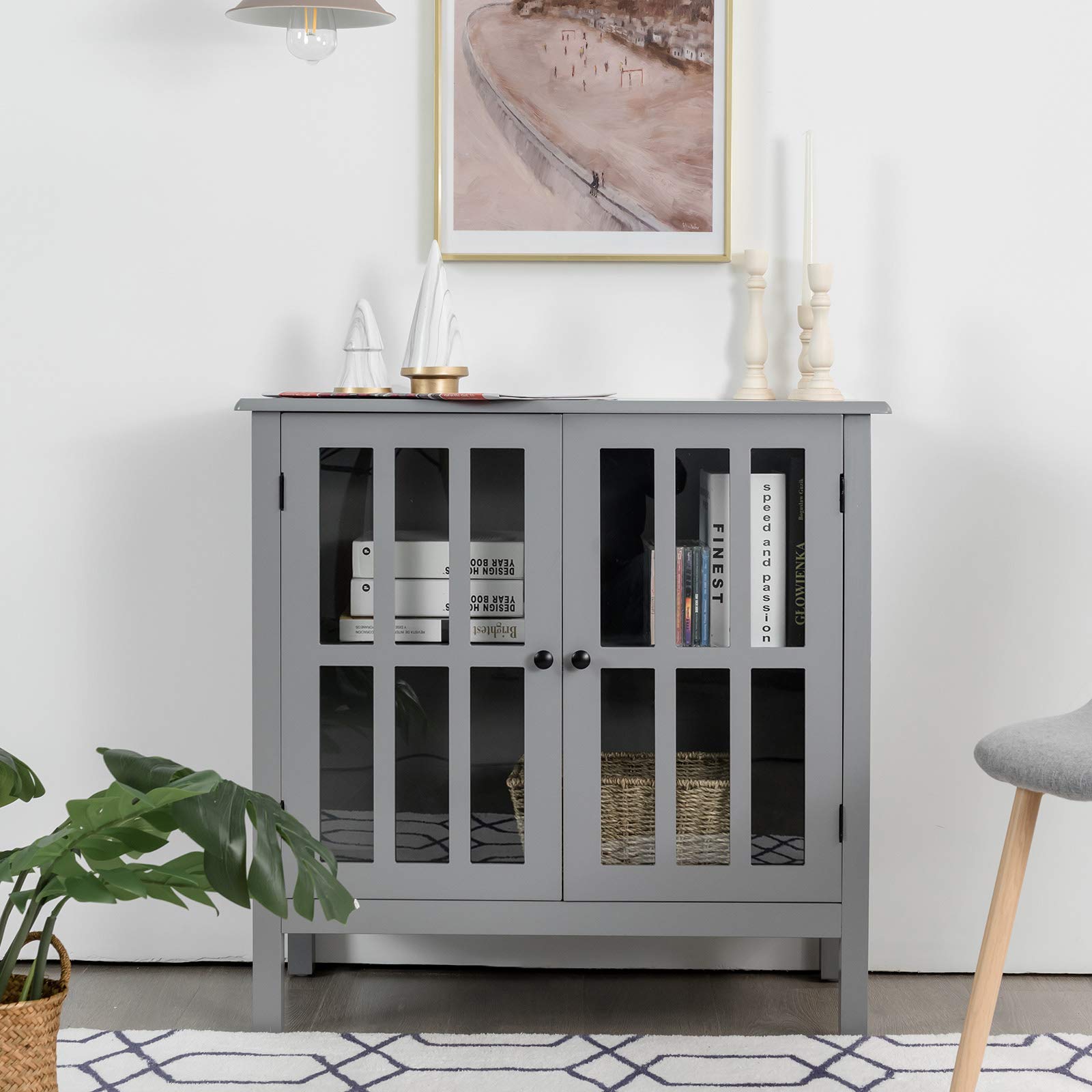 Tangkula Grey Sideboard Buffet Cabinet with 2 Glass Doors - Kitchen Dining Room Storage Cabinet, Liquor Curio Display, Cupboard Console Table for Home Decor & Entertaining