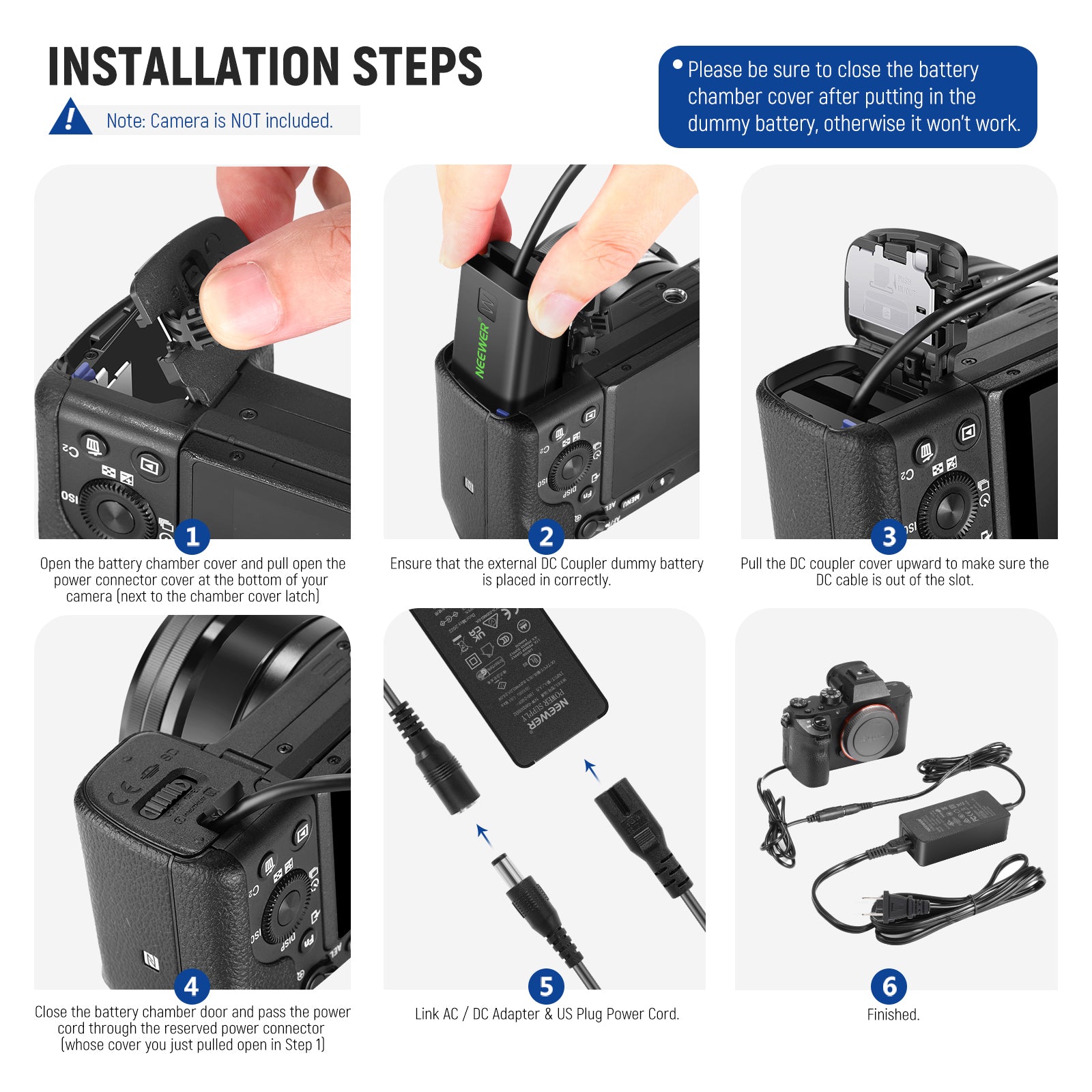 NEEWER NP-FW50 Coupler Dummy Battery for Sony Cameras - Power Adapter for Continuous Shooting, Vlogging, and Studio Photography