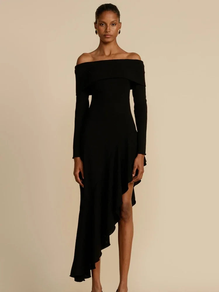 Sexy Y2K Asymmetrical Ruffle Flare Dress - Off Shoulder Long Sleeve Maxi Dress for Women | 2023 Fall Fashion Trend | Perfect for Date Night, Party & Special Occasions