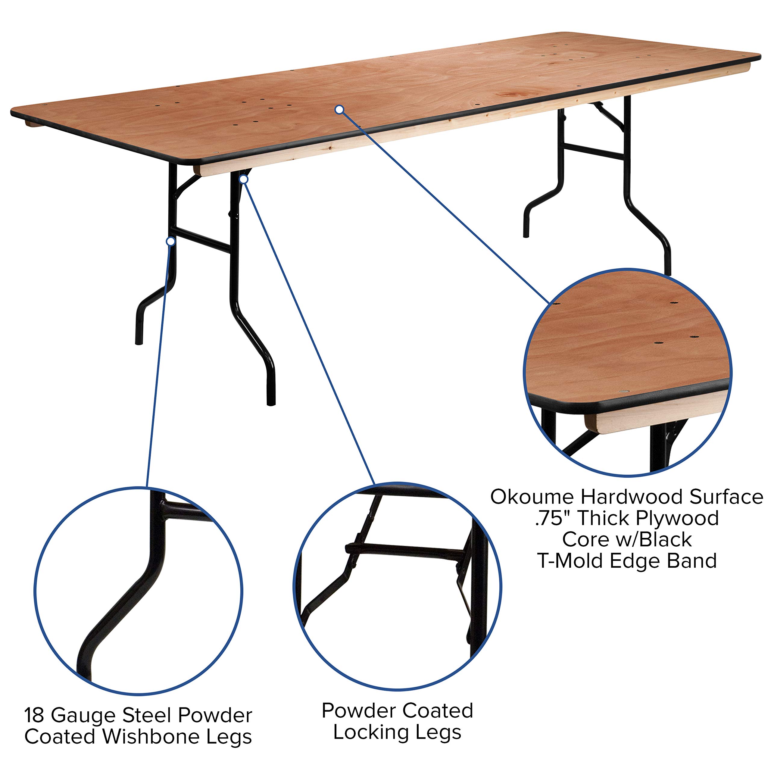 Flash Furniture Fielder 8-Foot Rectangular Wood Folding Table - Portable Banquet & Event Table with Wooden Top, Natural/Black - Perfect for Parties, Picnics, Craft Shows & Outdoor Gatherings