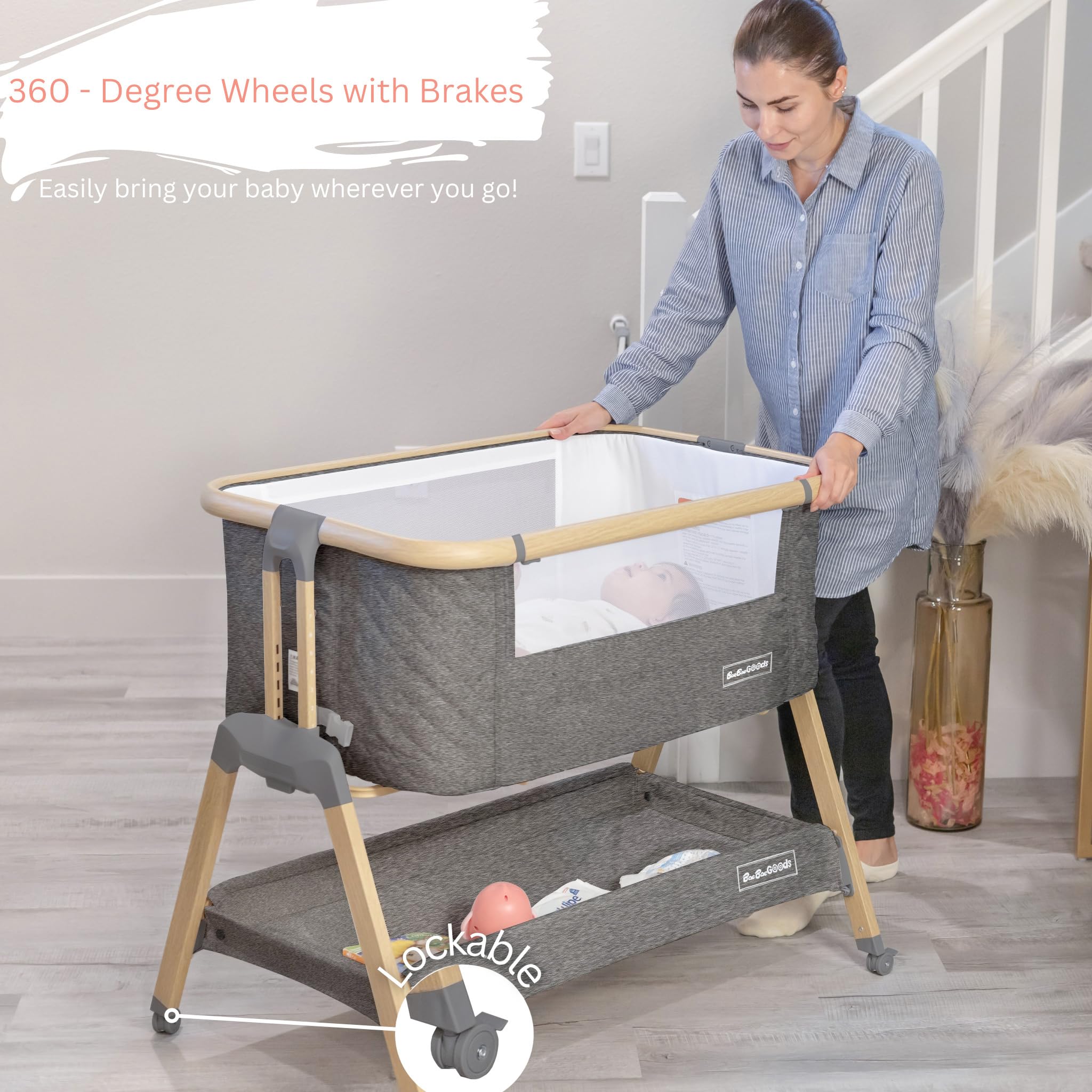 3 in 1 Portable Baby Bassinet with Wheels - Adjustable Bedside Sleeper Crib for Newborns & Infants with 7 Height Settings, Foam Mattress & Storage Basket | Includes Carry Bag | Perfect for Nursery, Bedroom & Travel