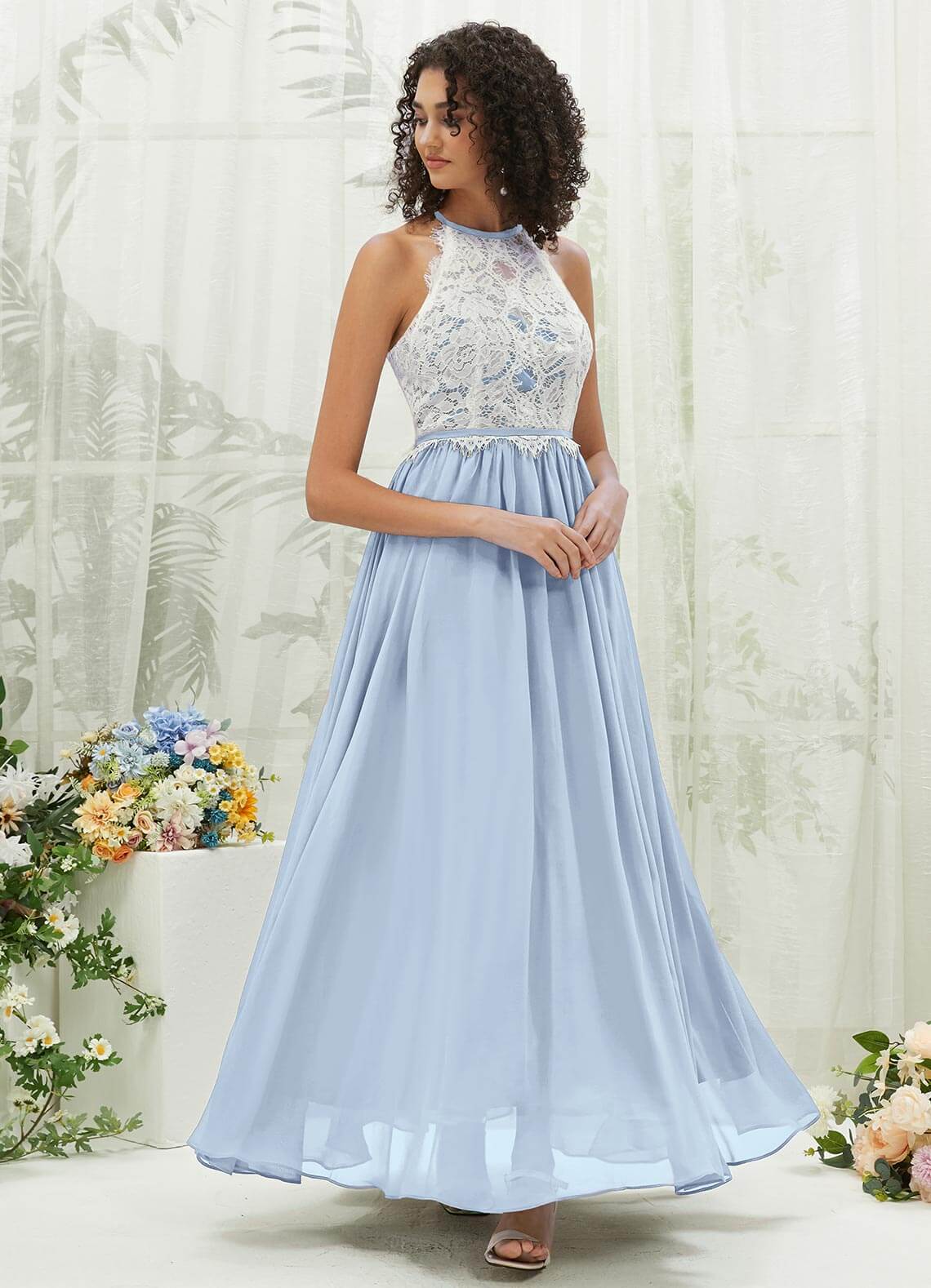 Cornflower Blue Lace Halter Neck Backless Chiffon Slit Bridesmaid Dress - Elegant Formal Gown for Weddings, Prom & Special Occasions