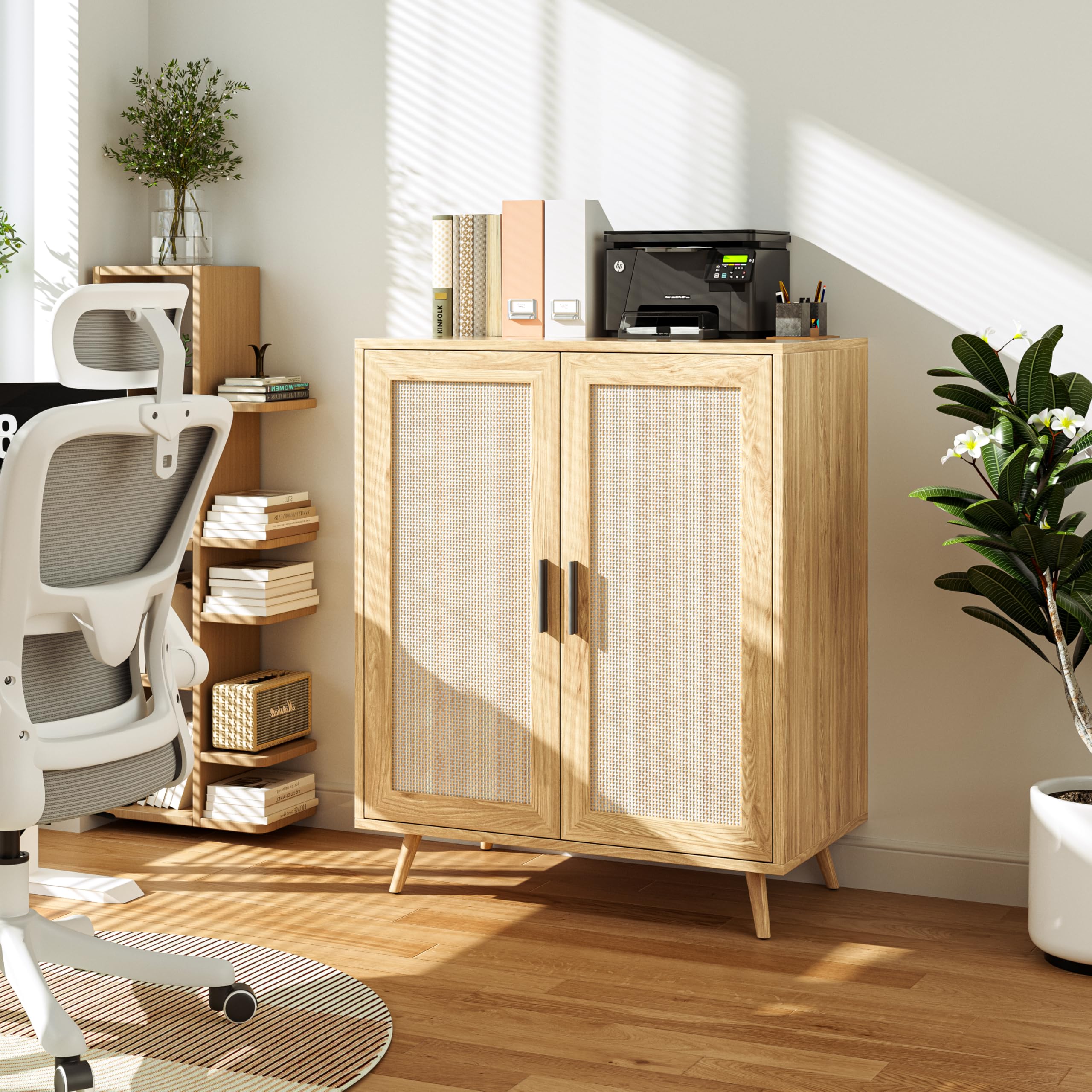 Xilingol Rattan Storage Cabinet - Buffet Sideboard with Woven Rattan Doors & Solid Pine Wood Feet - Entryway, Hallway, Living Room Accent Furniture - Perfect for Farmhouse, Coastal, or Boho Home Decor
