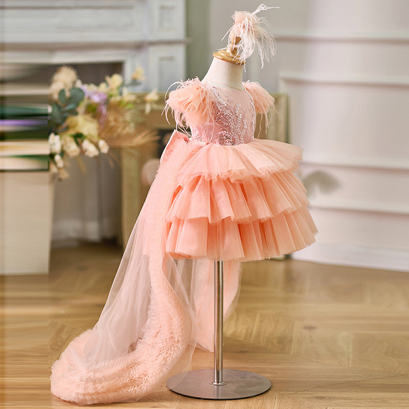 **Elegant Puffy Princess Dress for Girls - Birthday Party Gown with Train - Perfect for Cake Smash, Photo Shoots & Special Occasions**