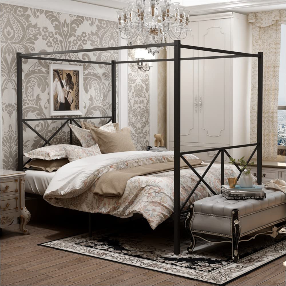 NYCSUOANI Metal Canopy Bed Frame - Twin Size Platform Bed with X-Shaped Frame in Black | Modern Bedroom Furniture for Kids, Teens & Guest Rooms