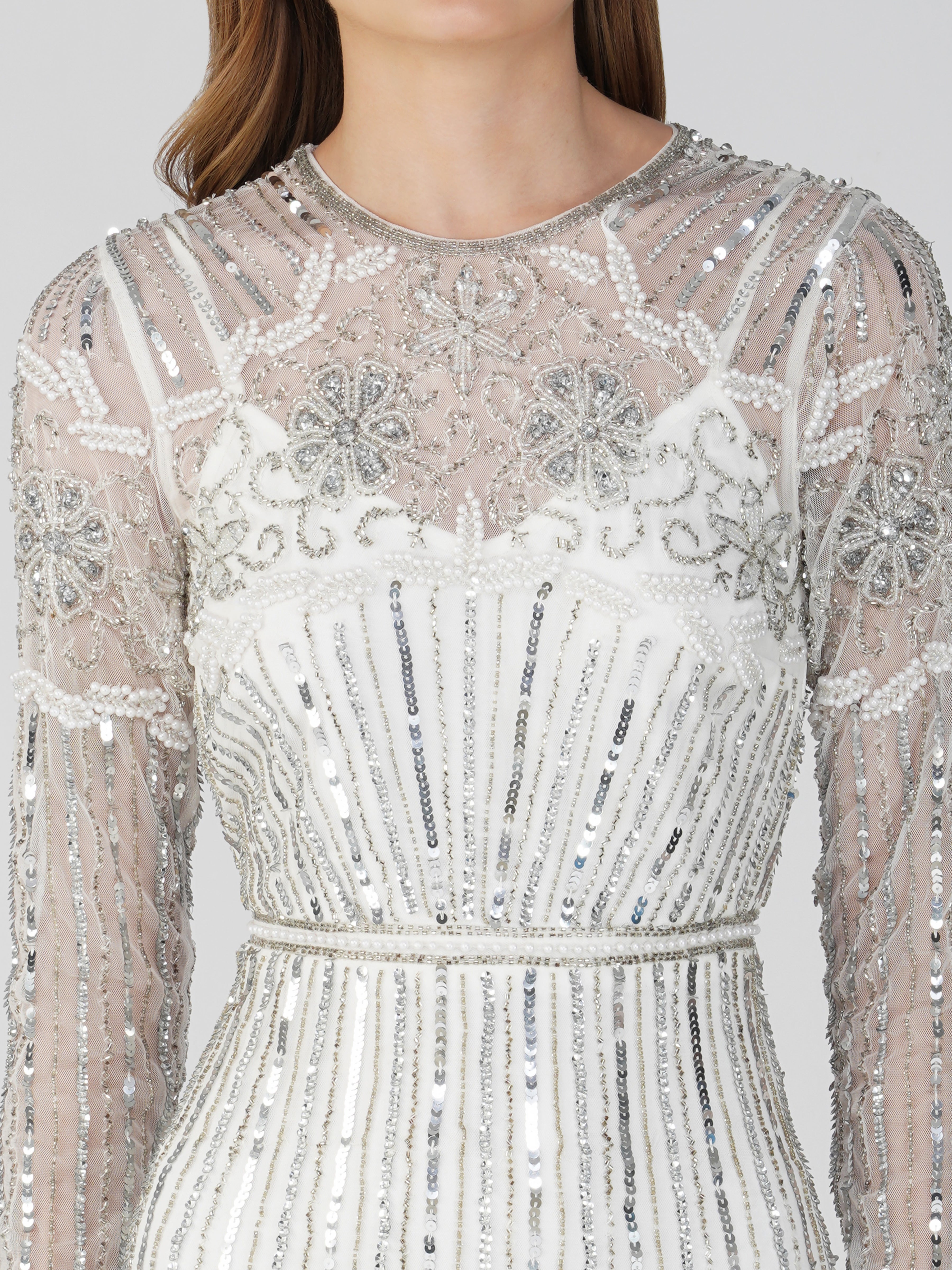 Teresa Silver Embellished Maxi Dress for Women - Elegant Evening Gown for Parties, Weddings & Special Occasions