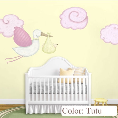 Flying Stork & Cloud Wall Decals for Baby Nursery - Removable Wall Stickers for Girls Room Decor (Tutu Design) - Perfect for Nursery Walls, Kids Bedroom & Baby Shower Gifts
