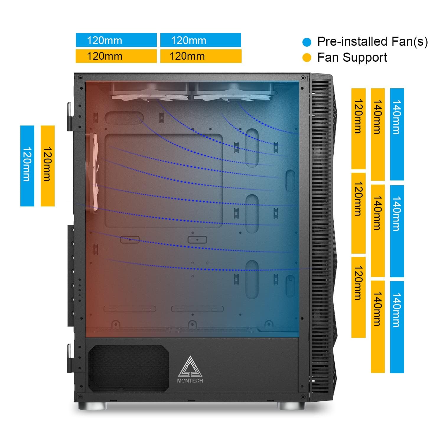 Montech X3 Mesh ATX Mid-Tower PC Gaming Case - 6 RGB Fans (3x140mm & 3x120mm), High Airflow Design, Tempered Glass Side Panel, USB 3.0 Ports - Perfect for Gaming Rigs, Streaming Setups & High-Performance Computers