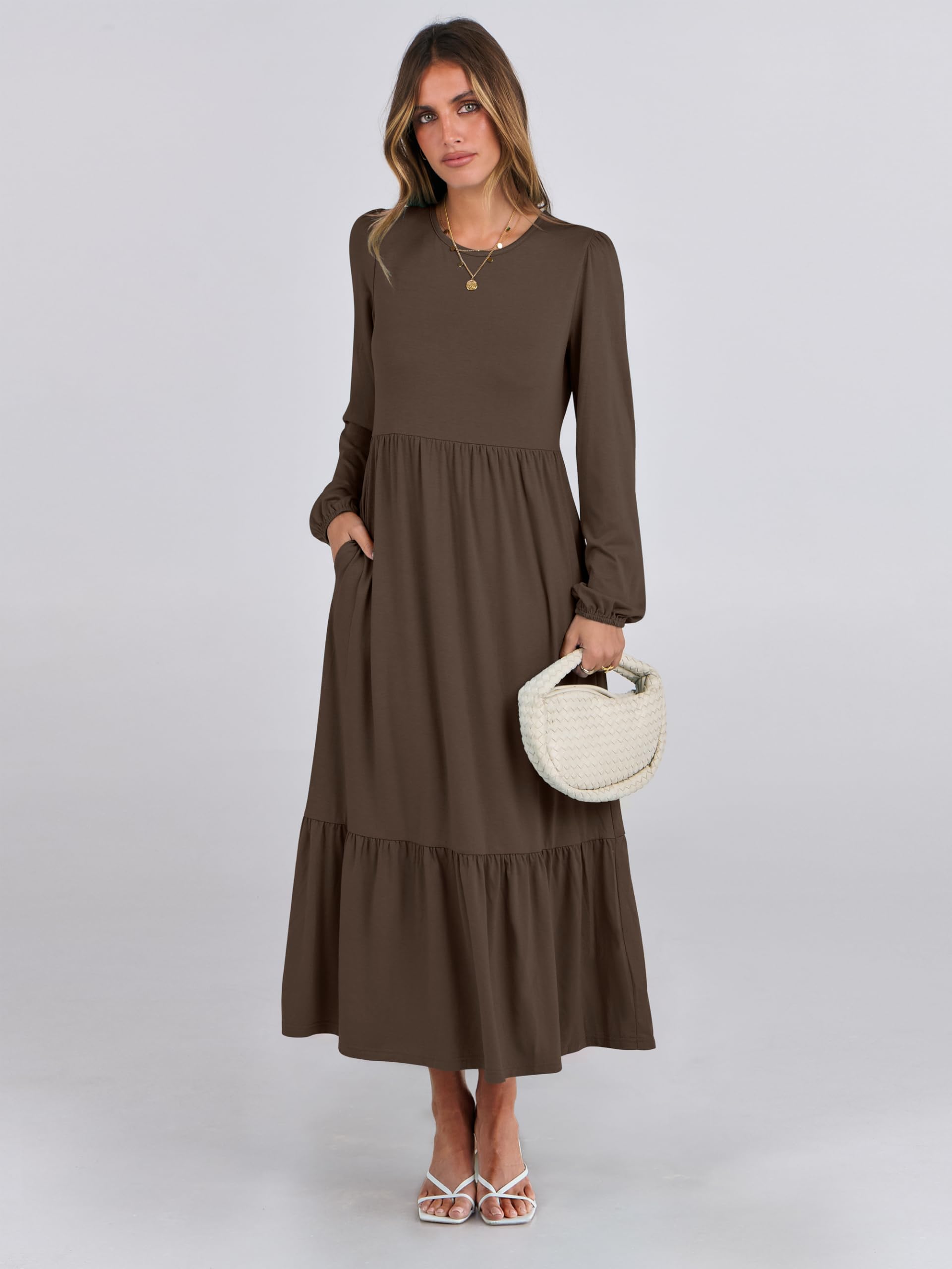 ANRABESS Women's Casual Long Sleeve Midi Dress - 2025 Spring Crewneck A-Line Tiered Flowy Loose Dress with Pockets | Trendy Everyday Wear for Work, Date & Vacation