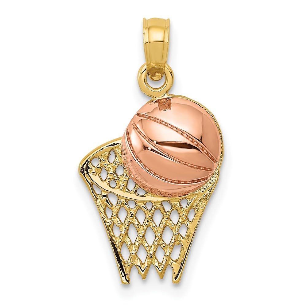 10K Two-Tone Gold Basketball Hoop Pendant with Ball Charm - 22mm Length, 11mm Width - Perfect for Sports Fans, Jewelry Lovers & Gift Giving