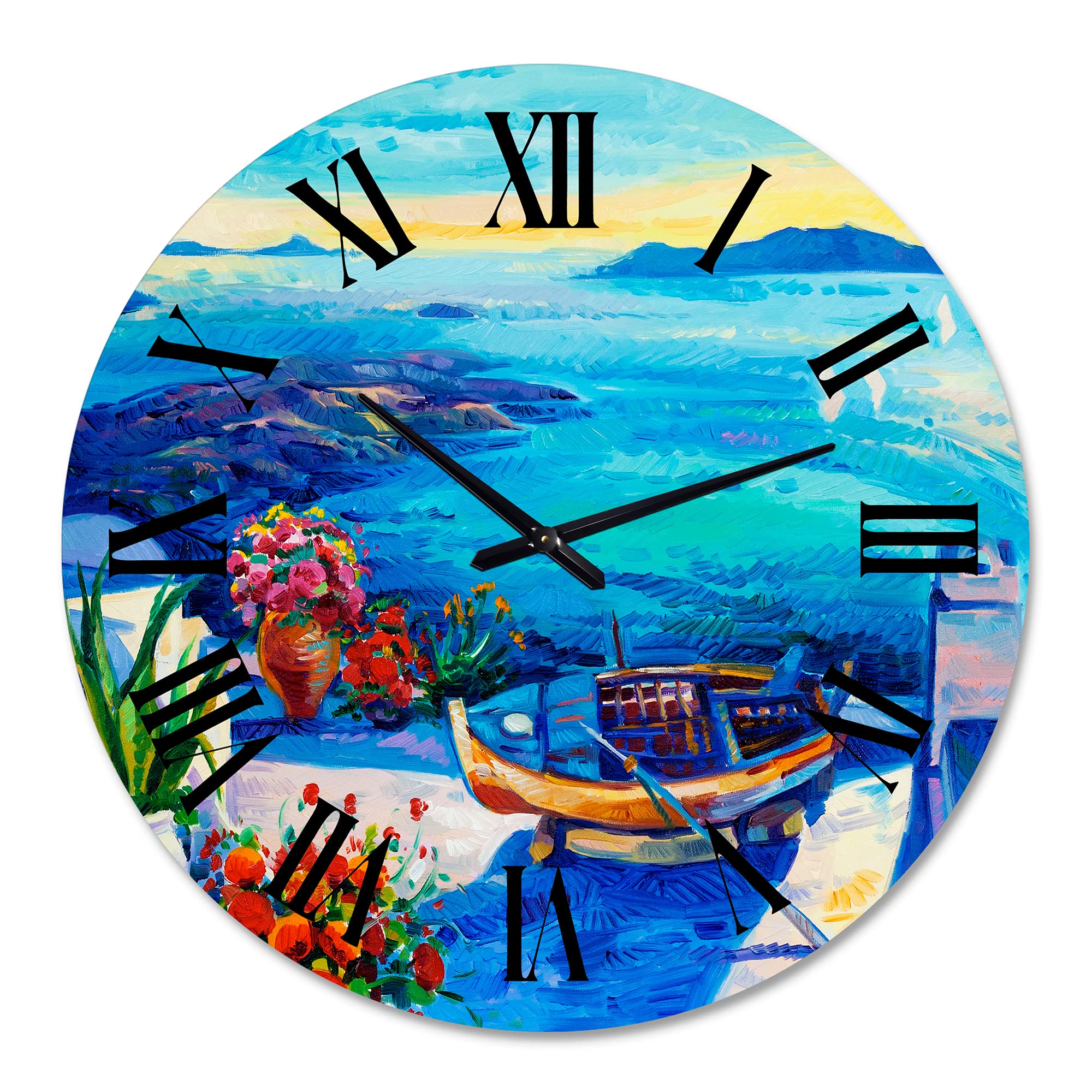 Large Nautical Coastal Wall Clock 'Sea View with Red Flowers' - Landscape Nature Decor for Living Room, Bedroom & Office - Perfect for Beach House, Coastal Theme or Home Decoration