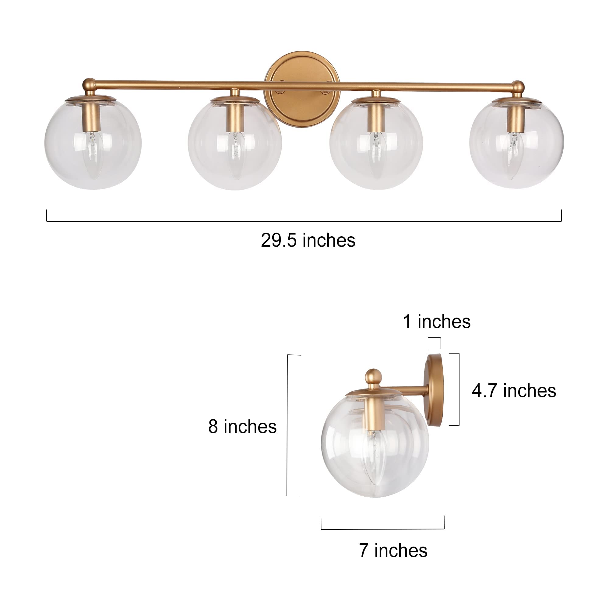 24K Gold Bathroom Light Fixtures - 4-Light Modern Vanity Lights with Clear Glass Shade for Bathroom, Hallway, Dressing Room - 29.5