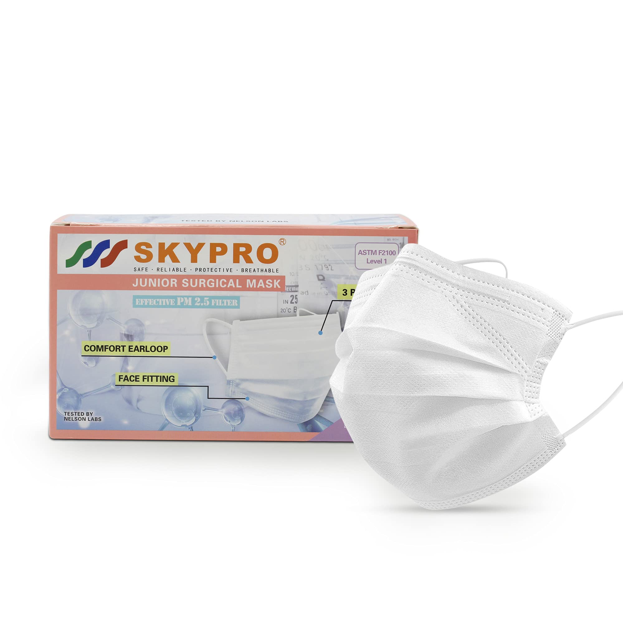 SKYPRO 50PCS ASTM Level 1 Disposable Face Masks for Kids - 3-Ply Medical Grade Protective PPE (White/Blue, Pack of 5) - Ideal for School, Travel & Daily Protection