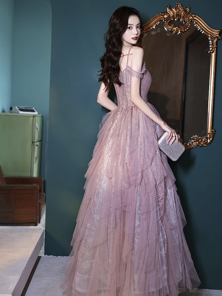 Elegant Pink Fairy Long Evening Dress with Spaghetti Straps - Formal Gown for Women Size 170 - Perfect for Prom, Wedding Guest & Special Occasions