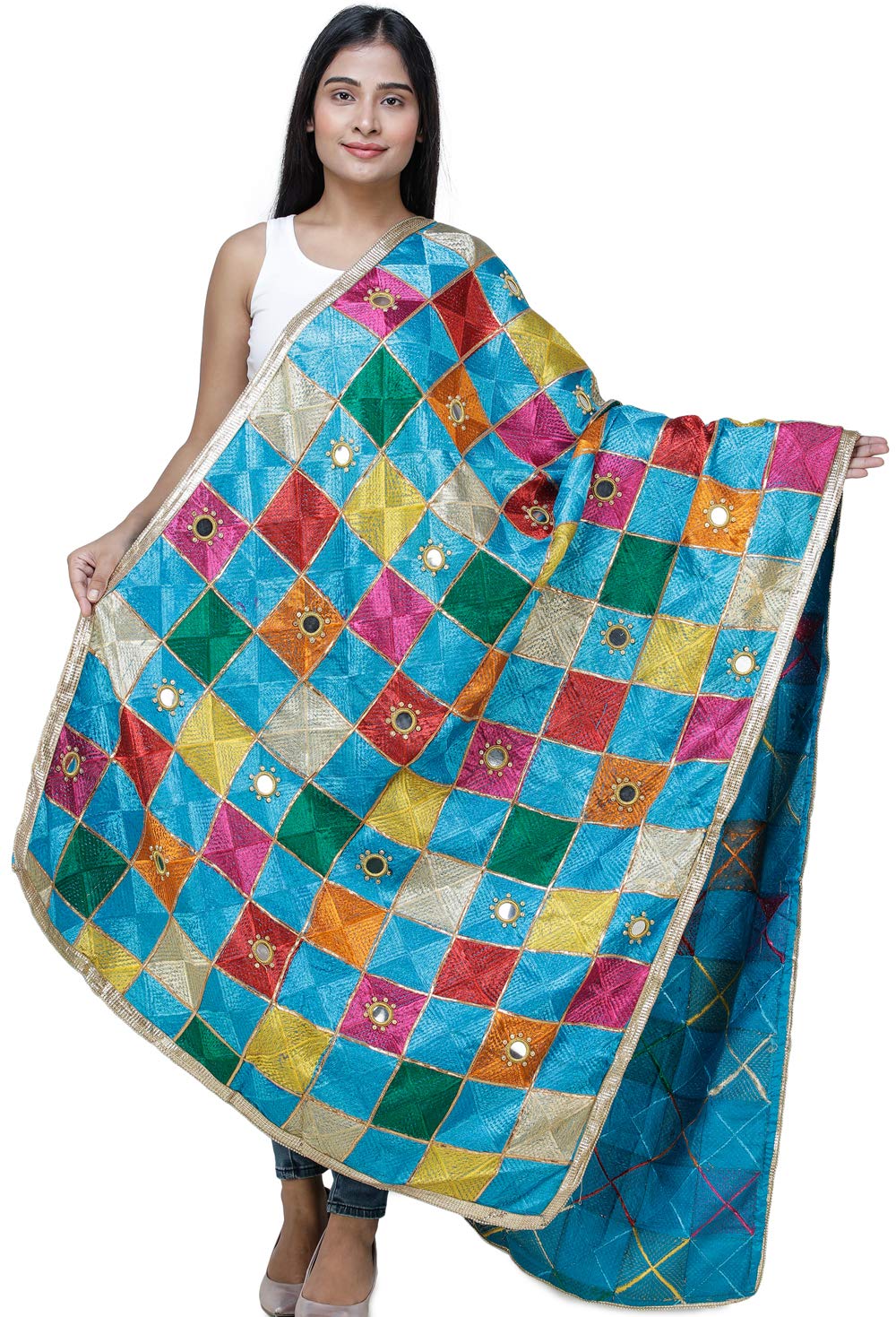 Handmade Multicolor Embroidered Phulkari Dupatta from Punjab - Traditional Indian Scarf with Mirror Work & Beaded Zari Border (Art Silk) | Perfect for Weddings, Festivals & Ethnic Fashion