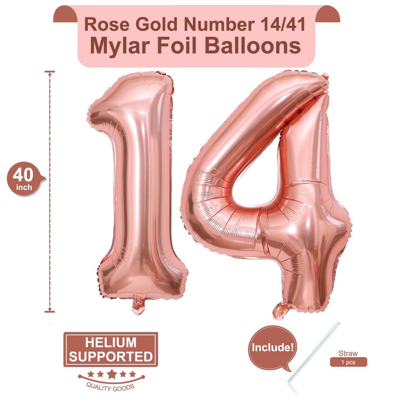40 Inch Rose Gold Number 14 Balloons - Giant Jumbo Foil Mylar Helium Balloons for Birthday Party Decorations | Perfect for 14th Birthday, Anniversary, Graduation & Special Events Celebration