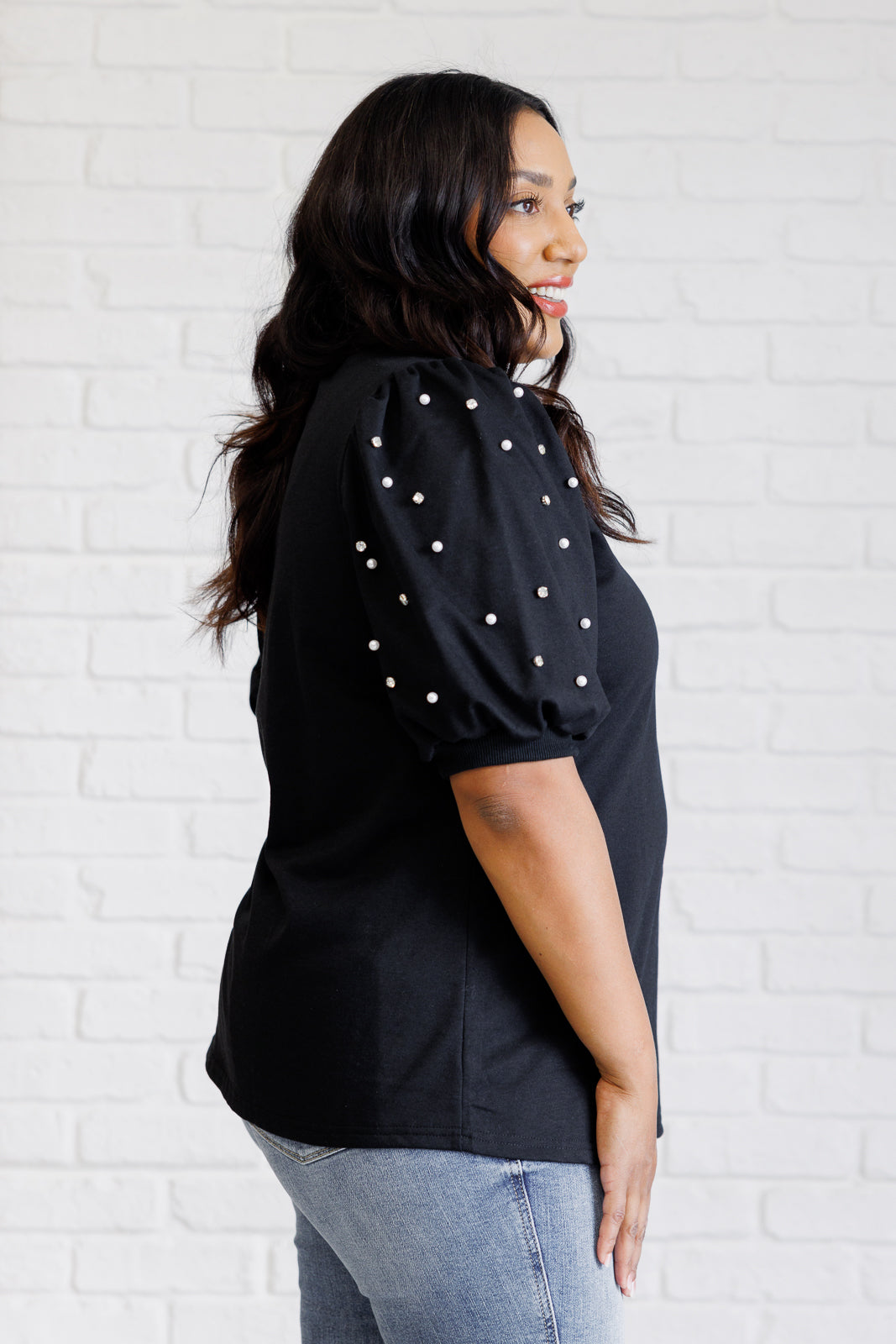 Black Diamonds and Pearls Puff Sleeve Blouse - Elegant Women's Fashion Top for Parties, Dates & Special Occasions