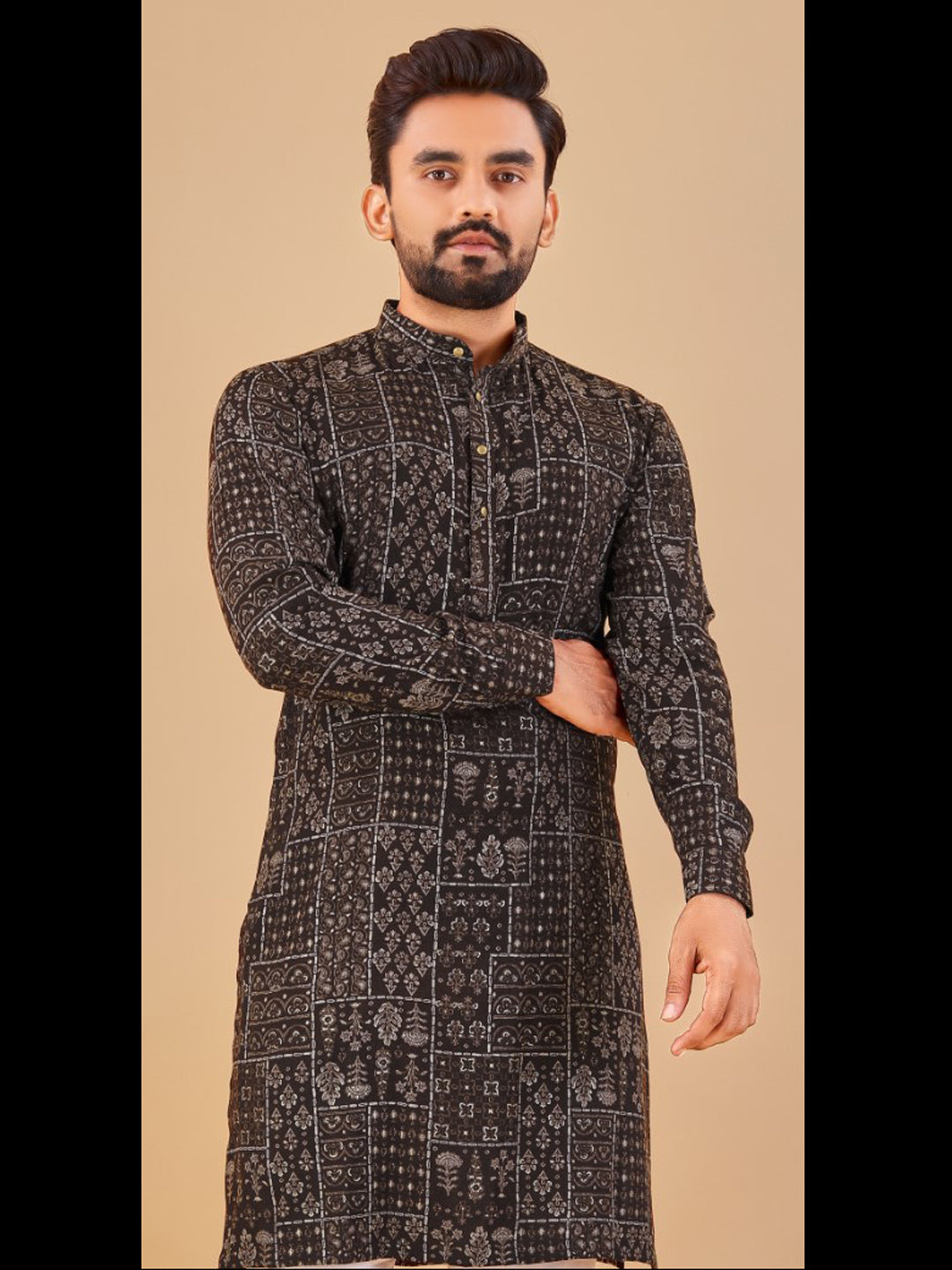 Men's Black Traditional Kurta Pajama Set with Foil Print - Ready to Wear Indian Ethnic Outfit for Weddings & Festivals