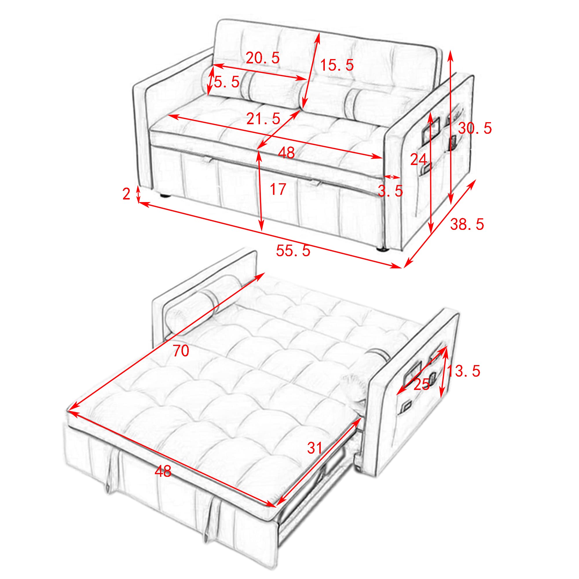 JULYFOX Gray Velvet Pull-Out Sleeper Sofa - 55