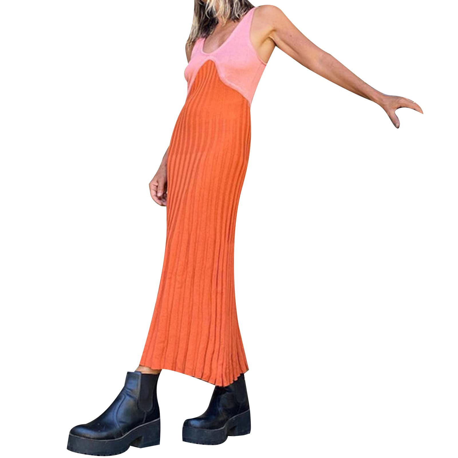 Women's Sleeveless High Slit Long Knit Halter Dress - Colorblock Backless Hollow Out Midi Dress for Summer Beach Party, Evening Cocktail & Date Night Outfits