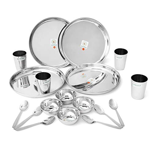 Premium 18-Piece Stainless Steel Mirror Finish Dinnerware Set - Heavy Gauge Coconut Design for Elegant Dining, Entertaining & Gifting | Durable Compact Serveware for Restaurants, Weddings & Home Use