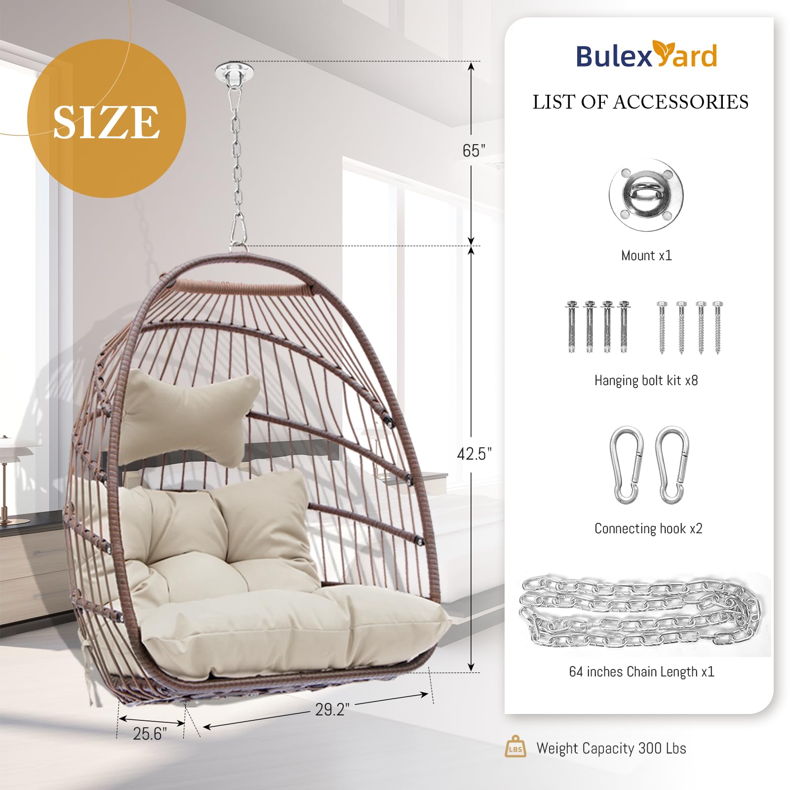 BULEXYARD 300lbs Capacity Hanging Egg Chair Without Stand - Brown Wicker Swing Chair with Beige Cushion for Indoor & Outdoor Use - Foldable Hammock for Patio, Porch, Balcony, Garden or Backyard - Perfect for Relaxing, Reading & Lounging