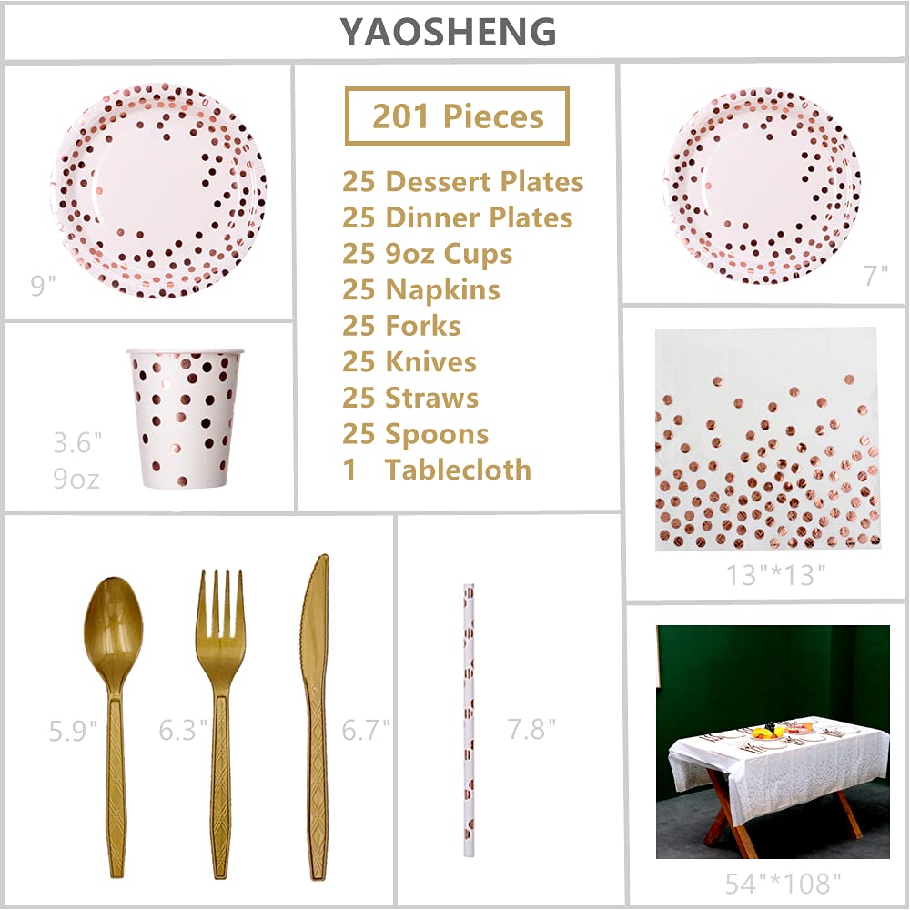 201-Piece Rose Gold Party Supplies Set - Rose Gold Dot on White Plates, Napkins, Cups & Silverware for 25 Guests | Perfect for Weddings, Bridal Showers, Engagements & Birthday Parties | Elegant Rose Gold Dot Theme for Stylish Celebrations