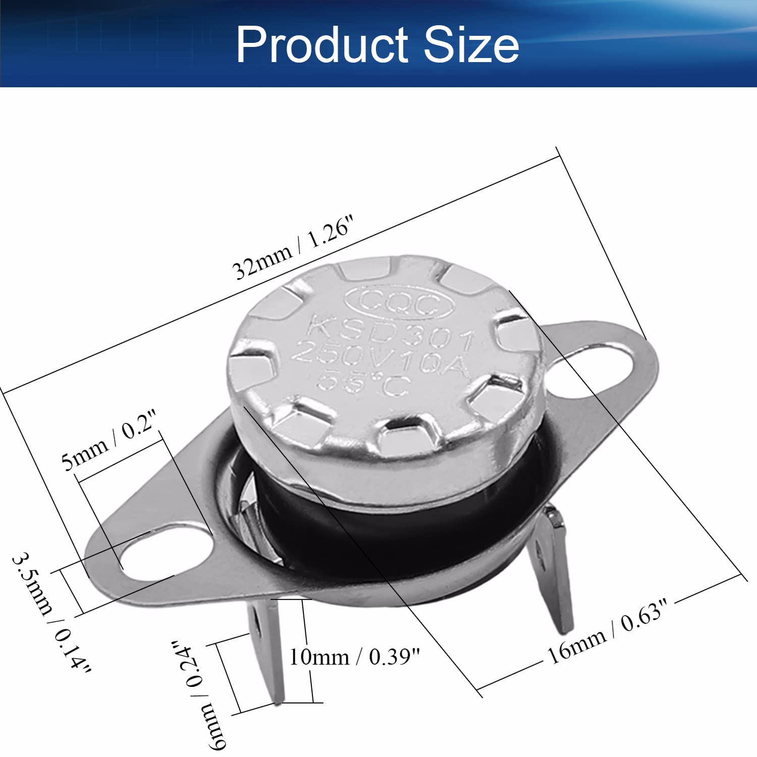 Heyiarbeit 5Pcs KSD301 Thermostat 55°C/131°F Normally Open N.O Adjustable Snap Disc Temperature Switch - Compatible with Microwave, Oven, Coffee Maker, Water Heater & Home Appliances