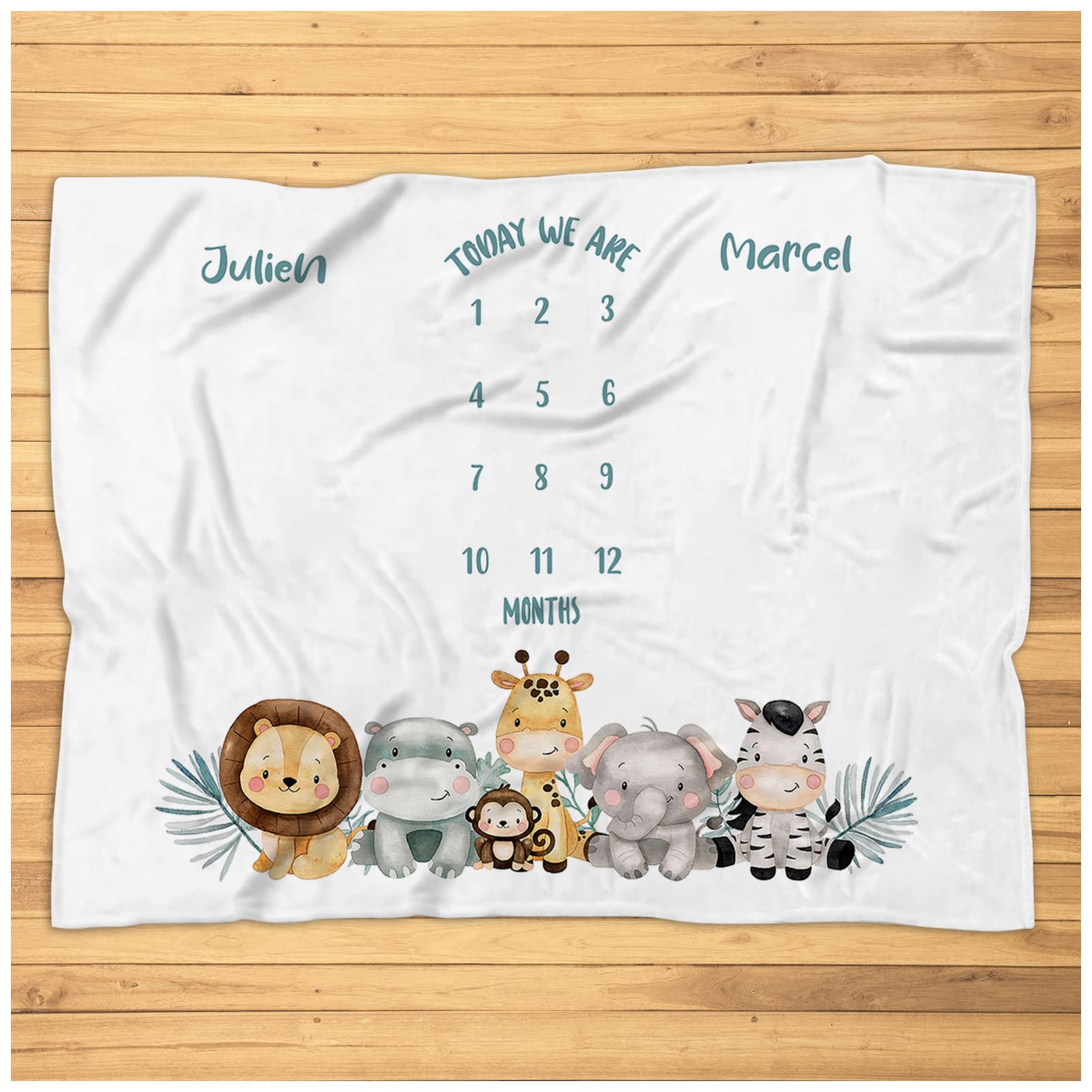 Personalized Safari Milestone Blanket for Twin Boys | Super Soft Plush Baby Blanket | Twin Monthly Milestone Blanket | Perfect Baby Boy Gift & Nursery Crib Blanket | Ideal for Newborn Photos, Monthly Milestone Tracking & Cozy Nursery Decor