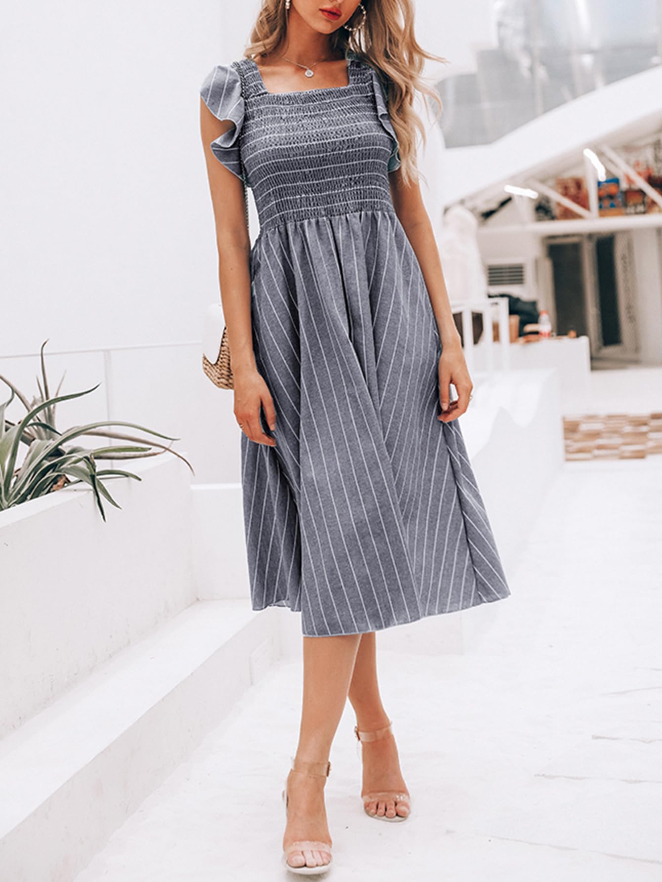 Miessial Women's Casual Summer Midi Dress - Short Sleeve Smocked Linen Boho Dress with Pockets | Beach Wedding Guest Outfit, Vacation Wear & Everyday Summer Dress 2025
