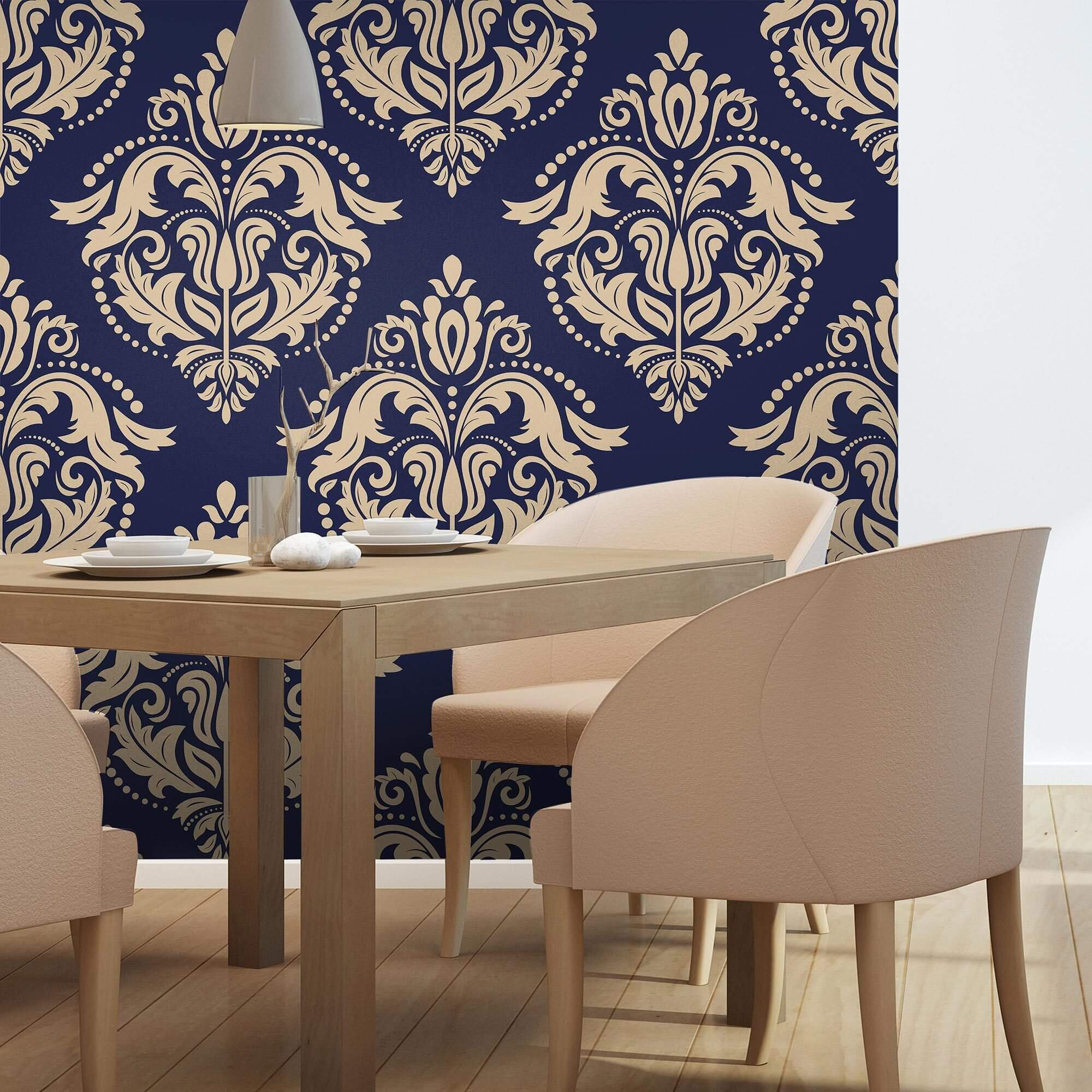 Beige and Blue Damask Peel and Stick Removable Wallpaper - Self-Adhesive Decorative Wall Covering for Bedroom, Living Room, Nursery & Home Office