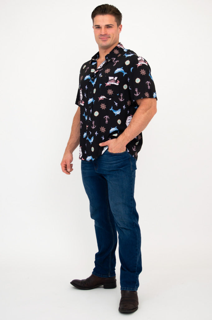 Dino Shirt for Men - Sailor Style Woven Bamboo Design Casual Button Down Shirt | Perfect for Summer Outings, Beach Parties & Retro Fashion