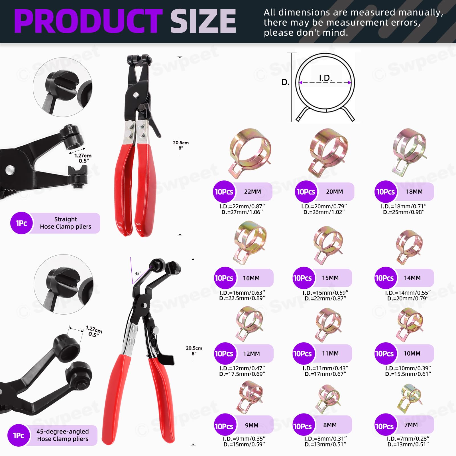 Swpeet 122Pcs Hose Clamps Kit 7-22mm with Pliers - for Fuel, Vacuum & Air Pipes