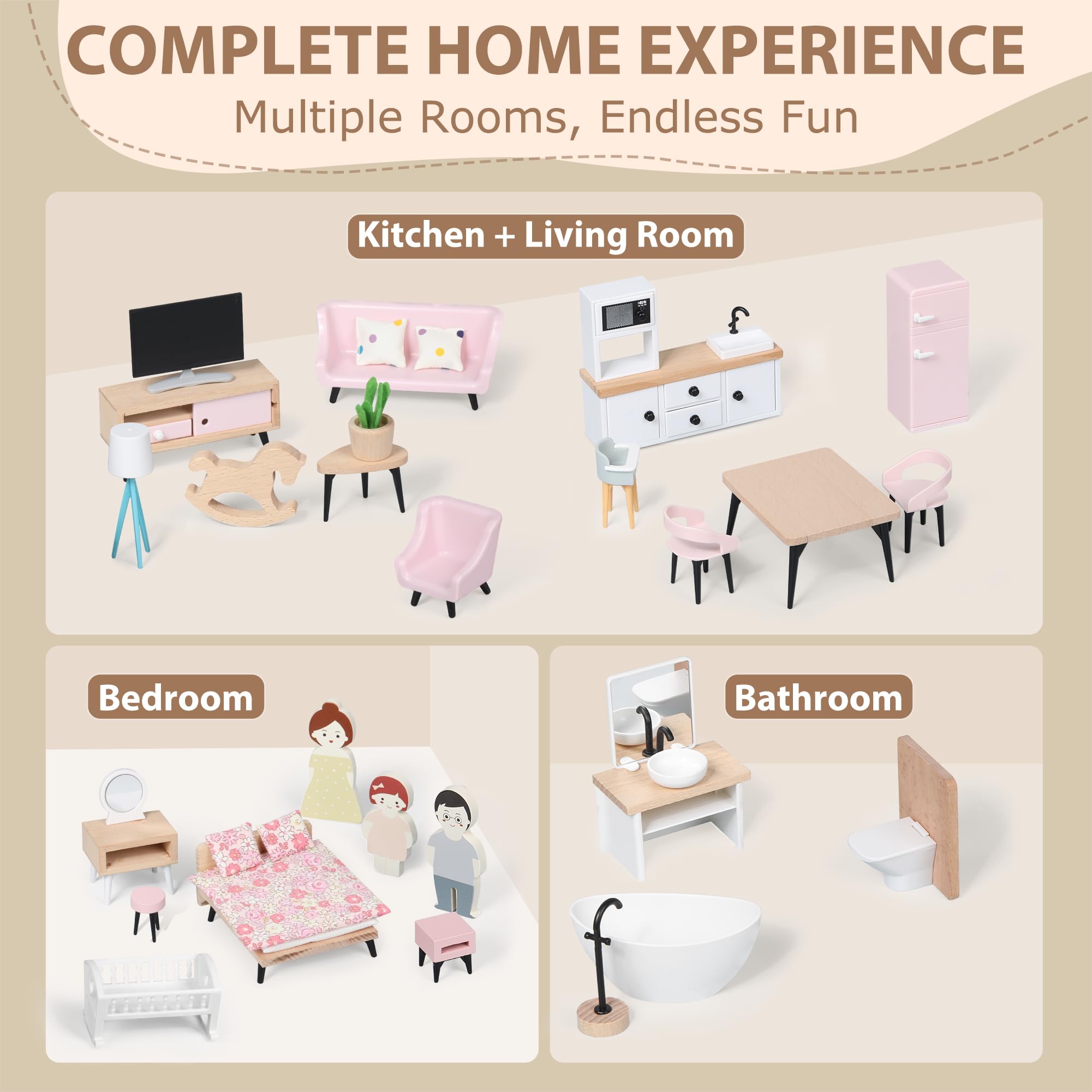 Premium Wooden Dollhouse Furniture Set - 7 Rooms, 3 Dolls, Patio & Pet Accessories | Miniature Doll House Toys for Kids & Collectors | Perfect for Pretend Play, Gift Giving & Home Decor