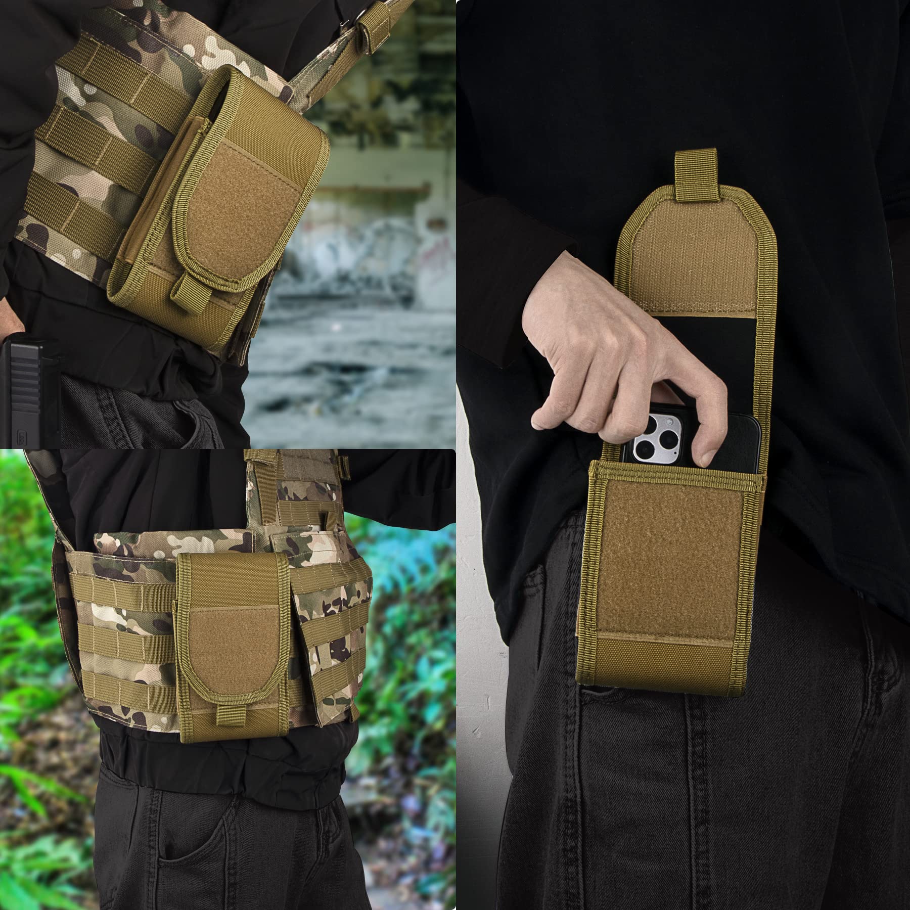 BVYA Tactical MOLLE Phone Pouch Holster - Durable Nylon Case for iPhone 15 Pro Max/15 Pro/14 Pro Max/13 Pro Max/12 Pro Max/XS Max - Compatible with Military Gear & Outdoor Activities (Includes U.S. Flag Patch) - Perfect for Hiking, Camping & Tactical Operations