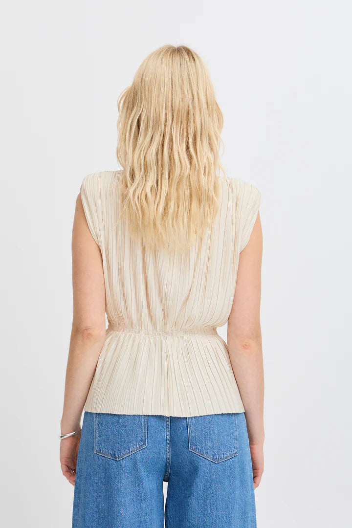 Ana Plisse Sleeveless Top for Women - Soft Almond Milk Color Summer Blouse - Perfect for Casual Outings, Beach Vacations & Date Nights