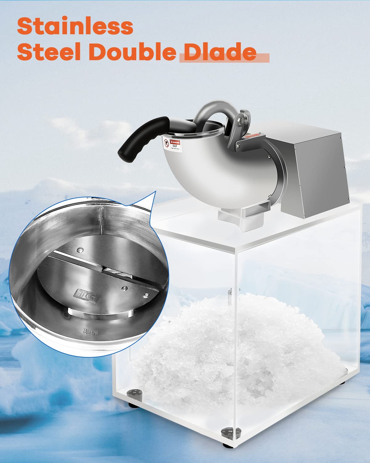 Commercial Snow Cone Machine 440lbs/hr - Stainless Steel Electric Ice Shaver with Acrylic Storage Box - 110V for Parties, Carnivals, Bars & Home Use - Perfect for Summer Events, Backyard BBQs & Small Businesses
