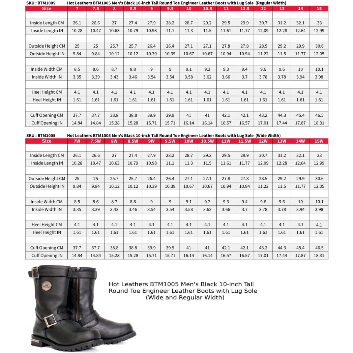 Hot Leathers BTM1005 Men's Black 10-inch Engineer Boots - Round Toe, Lug Sole, Size 9 | Durable Leather Work Boots for Motorcycle Riding, Construction & Outdoor Activities