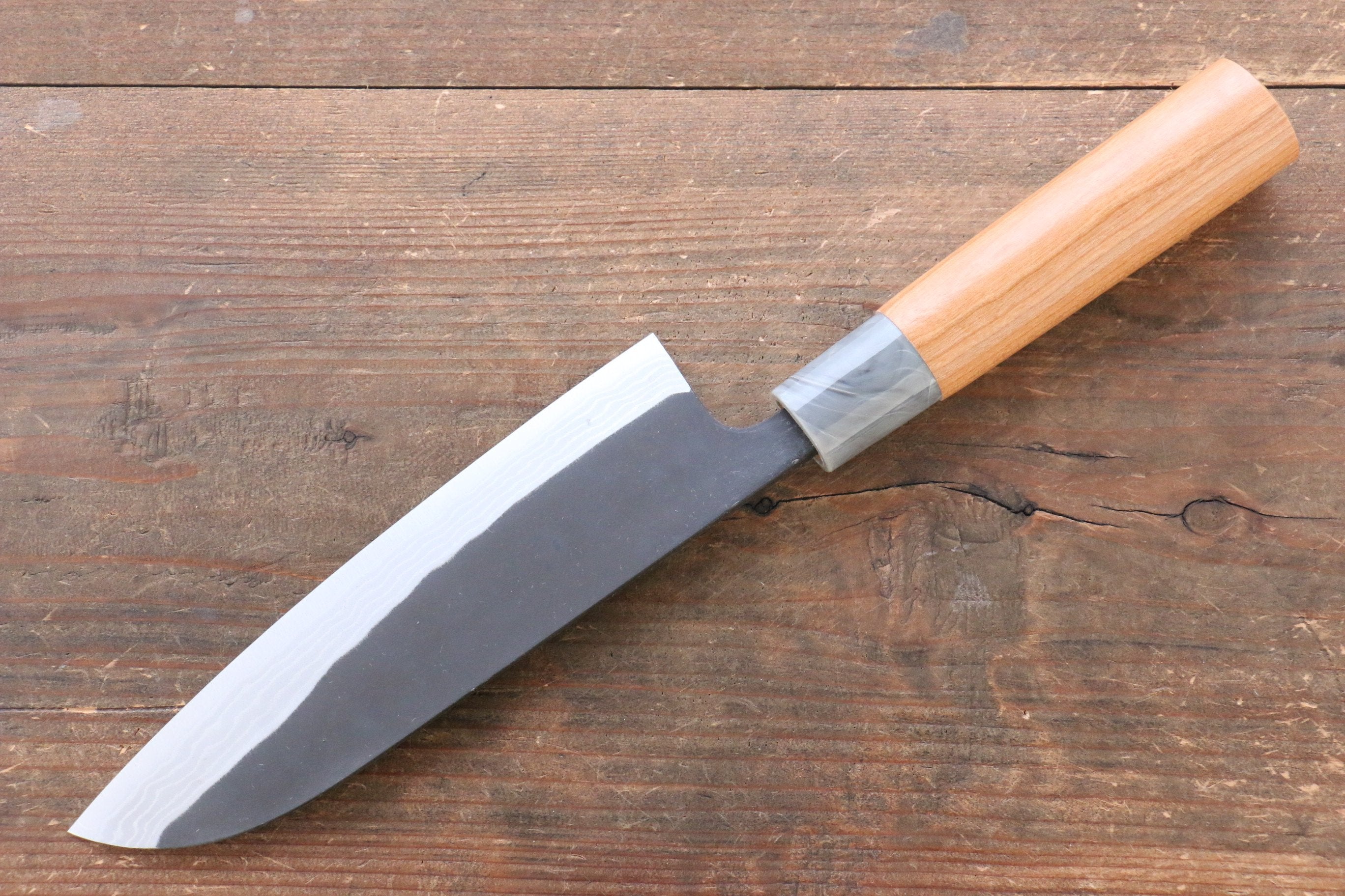 Premium Nao Yamamoto White Steel No.2 Kurouchi Damascus Santoku Knife 170mm with American Cherry Wood Handle - Perfect for Slicing, Dicing & Chopping Vegetables in Professional & Home Kitchens