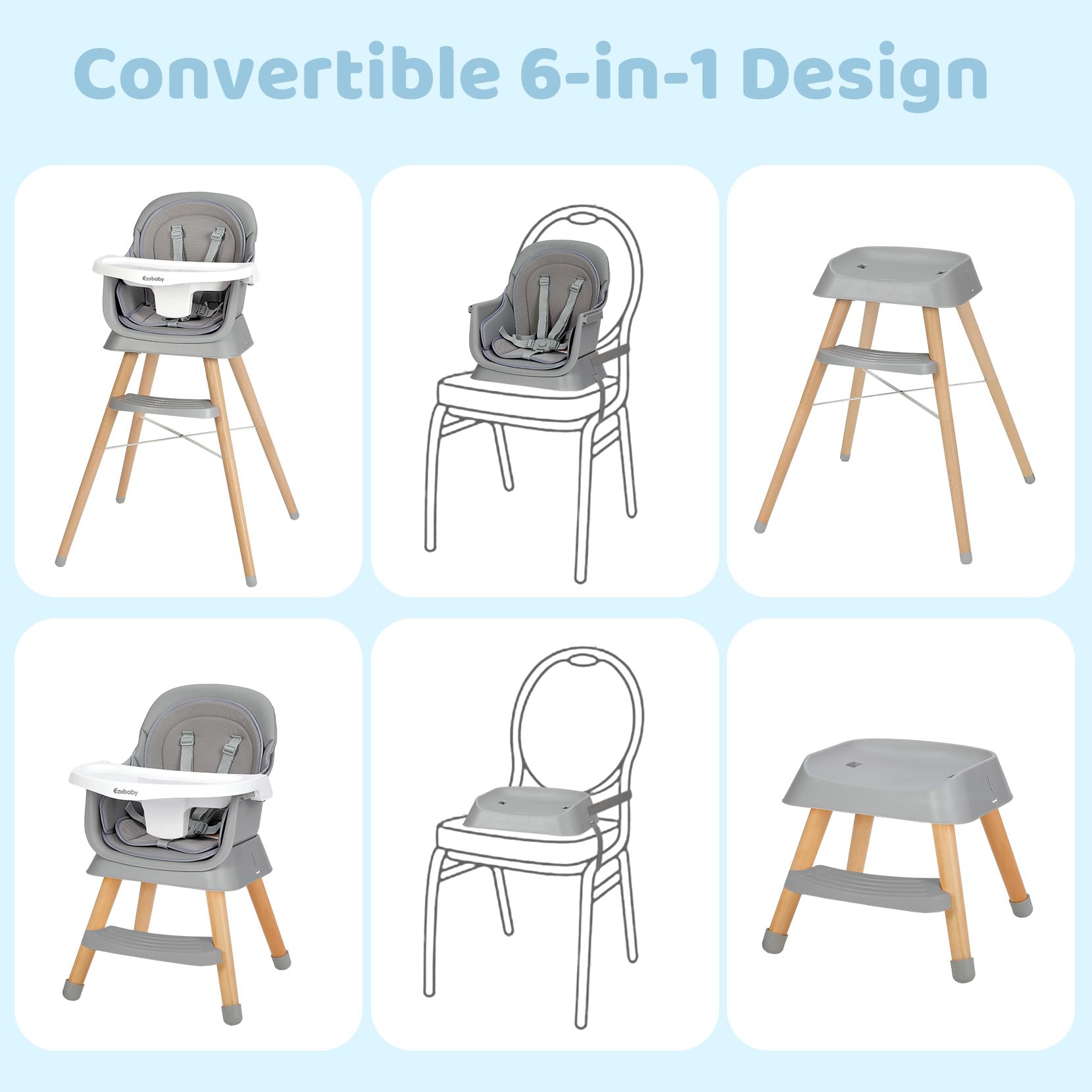 Ezebaby 6-in-1 Portable Baby High Chair with Adjustable Legs & Double Cushions - Convertible Toddler Booster Seat for Dining Table | Perfect for Home, Travel & Restaurant Use (Grey)