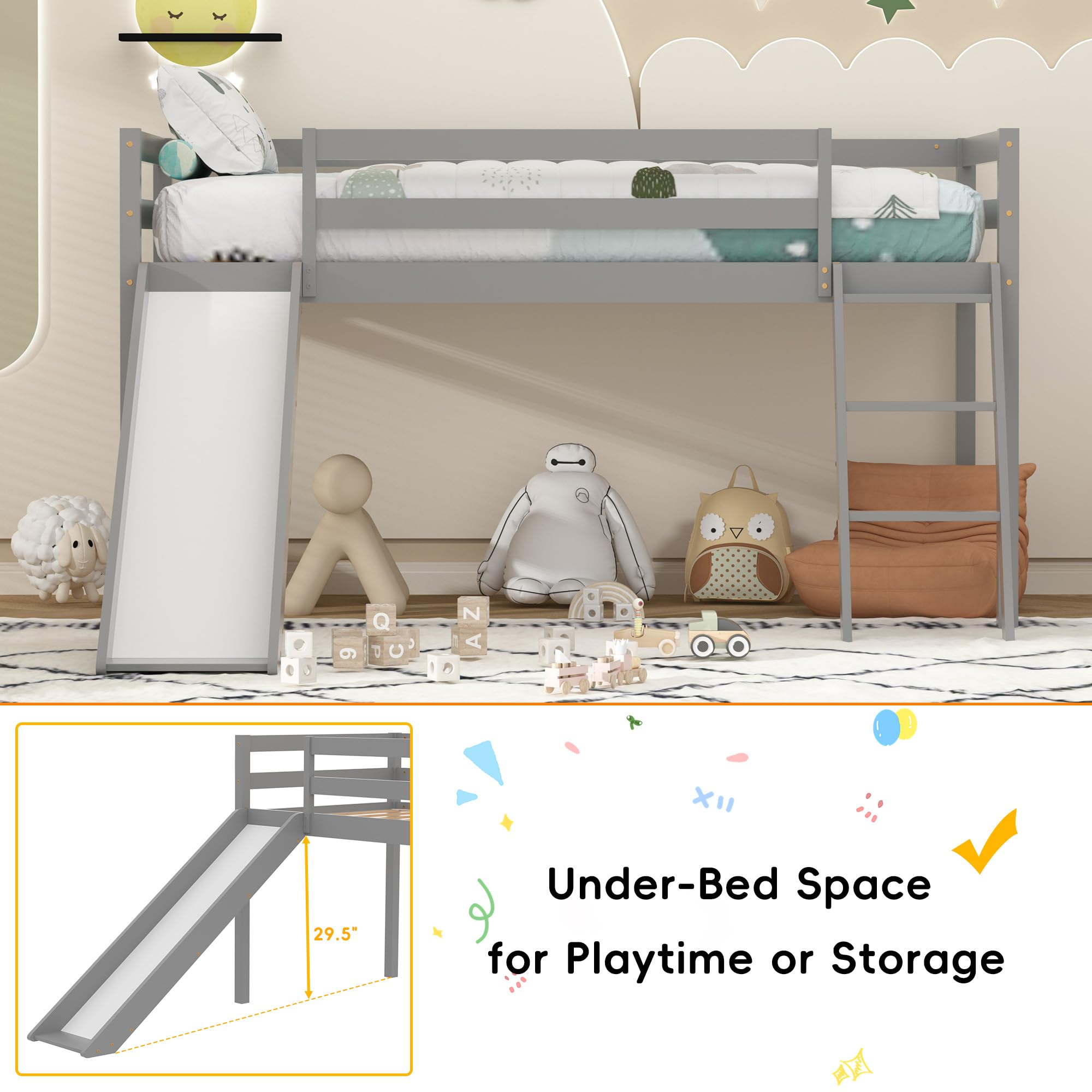 Xilingol Low Loft Bed with Slide - Wooden Twin Bed Frame with Climbing Ladder for Toddlers & Kids - Space-Saving Grey Kids Bed for Small Rooms - Perfect for Playrooms, Bedrooms & Daycare Centers