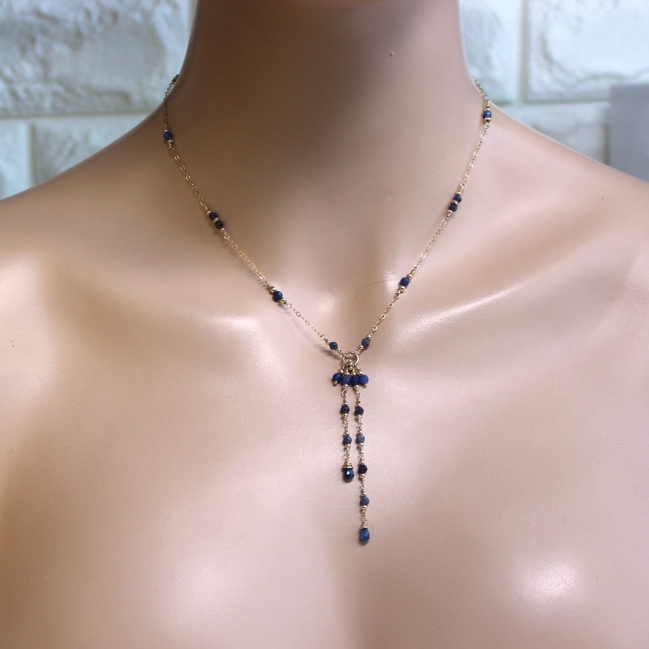 14K Gold Filled Blue Sapphire Lariat Necklace with Tassel & Delicate Y-Chain | 925 Sterling Silver Jewelry (15